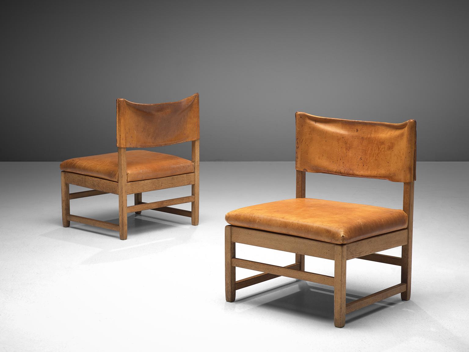 European Grand Lounge Chairs with Patinated Cognac Leather