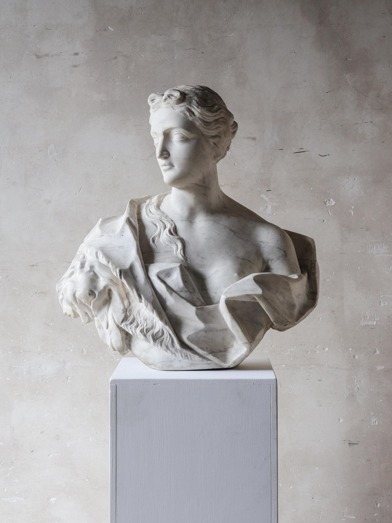 Dutch Grand Marble Bust of Omphale with Hercules' Lion Skin – Amsterdam, c. 1740 For Sale