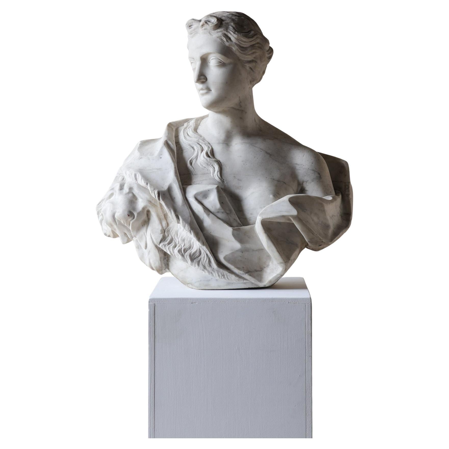 Grand Marble Bust of Omphale with Hercules' Lion Skin – Amsterdam, c. 1740 For Sale