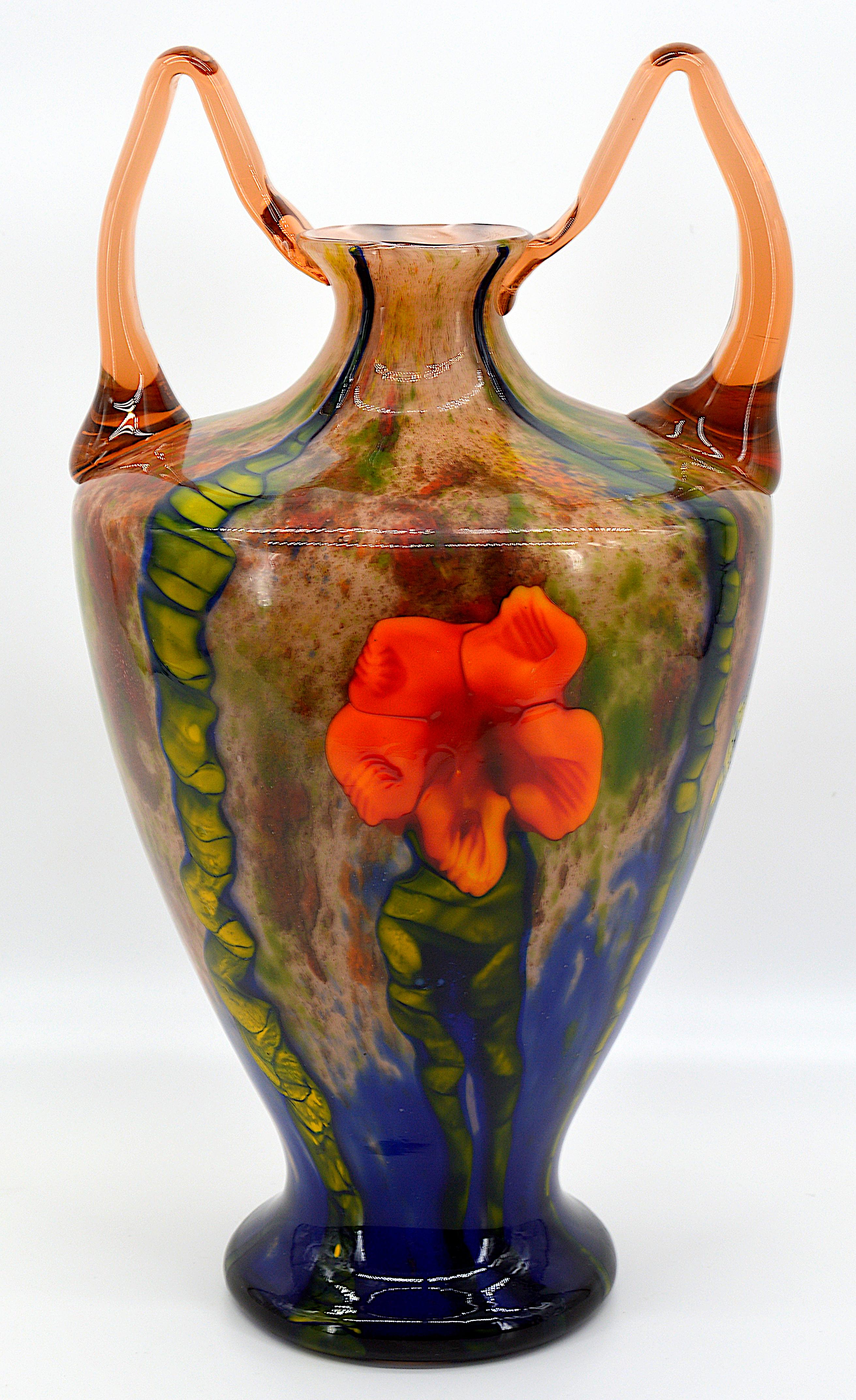 Tall grand marquetry vase by Kralik (Bohemia), Czechoslovakia, 1920s. Large blown double glass vase with marquetry of flowers and leaves. Glossy surface. One of the most beautiful we ever saw. Measures: Height 16