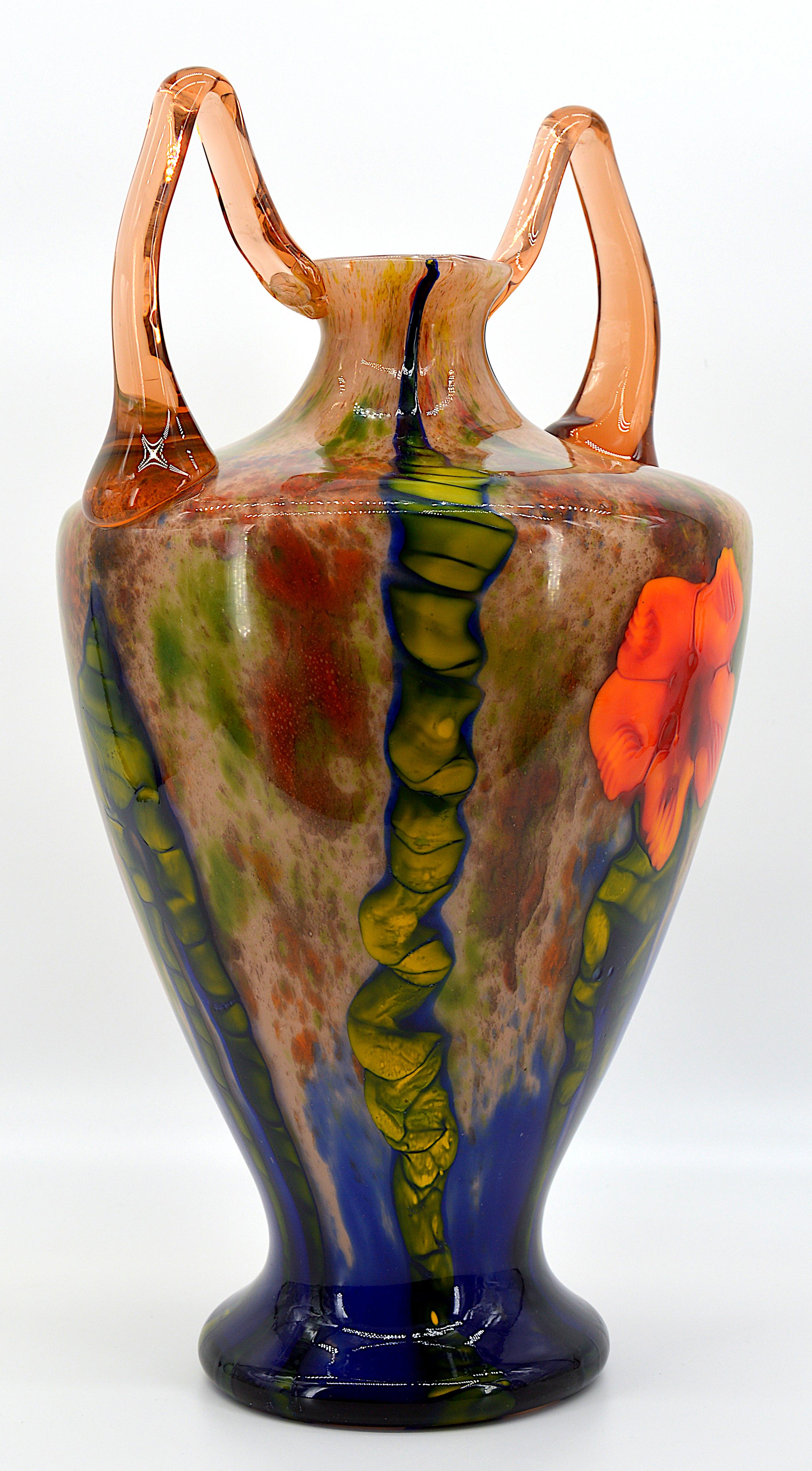 Art Glass Grand Marquetry Flower Vase by Kralik, 1920s