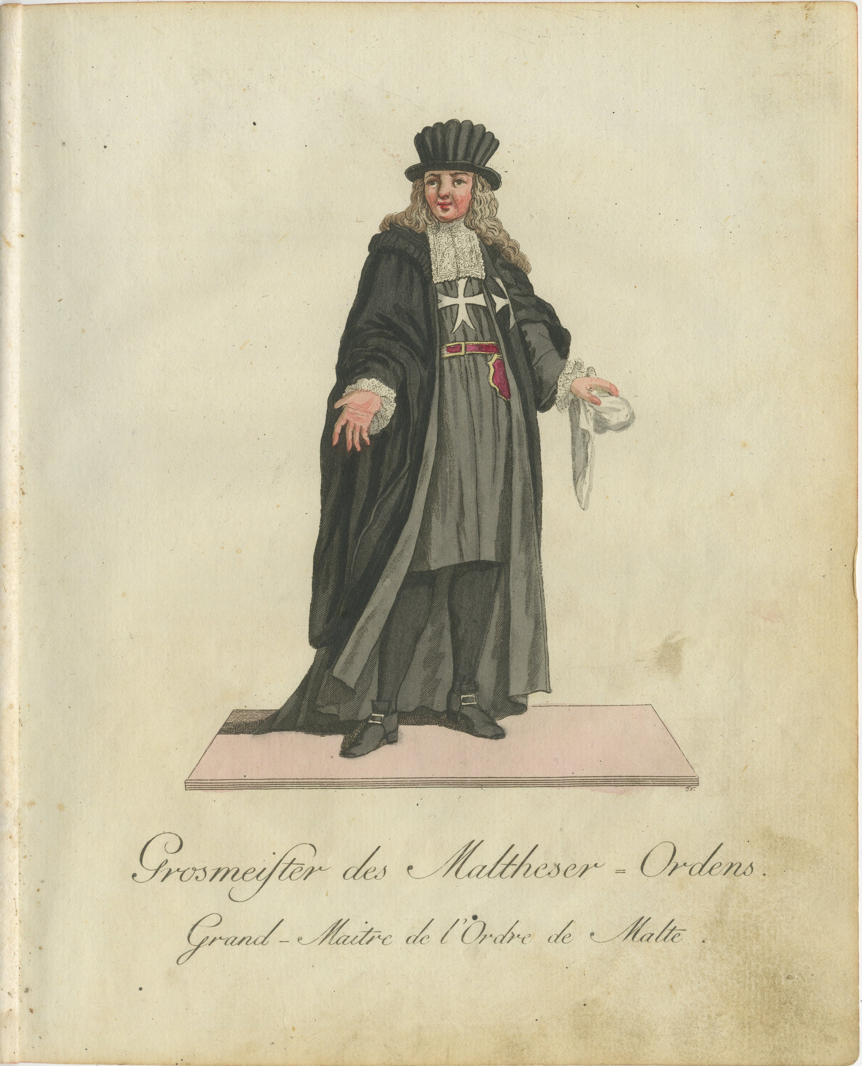 Großmeister des Malteserordens: Handkolorierter Kupferstich von 1791 in zeremoniellen Gewändern  

Dieser detailreiche handkolorierte Stich mit dem Titel 