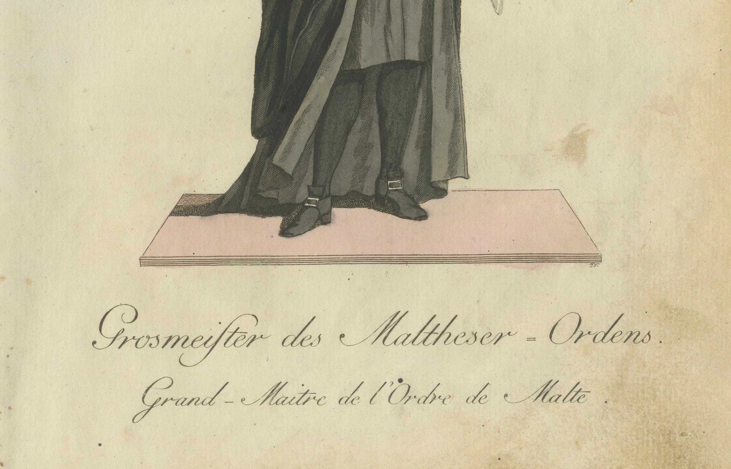 The Grand Master of the Maltese Order: Kolorierter Stich von 1791 in zeremoniellen Gewändern (Graviert) im Angebot