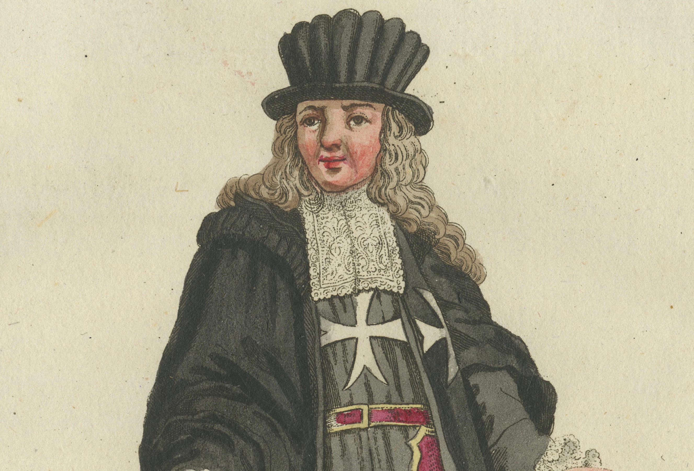 The Grand Master of the Maltese Order: Kolorierter Stich von 1791 in zeremoniellen Gewändern (Spätes 18. Jahrhundert) im Angebot