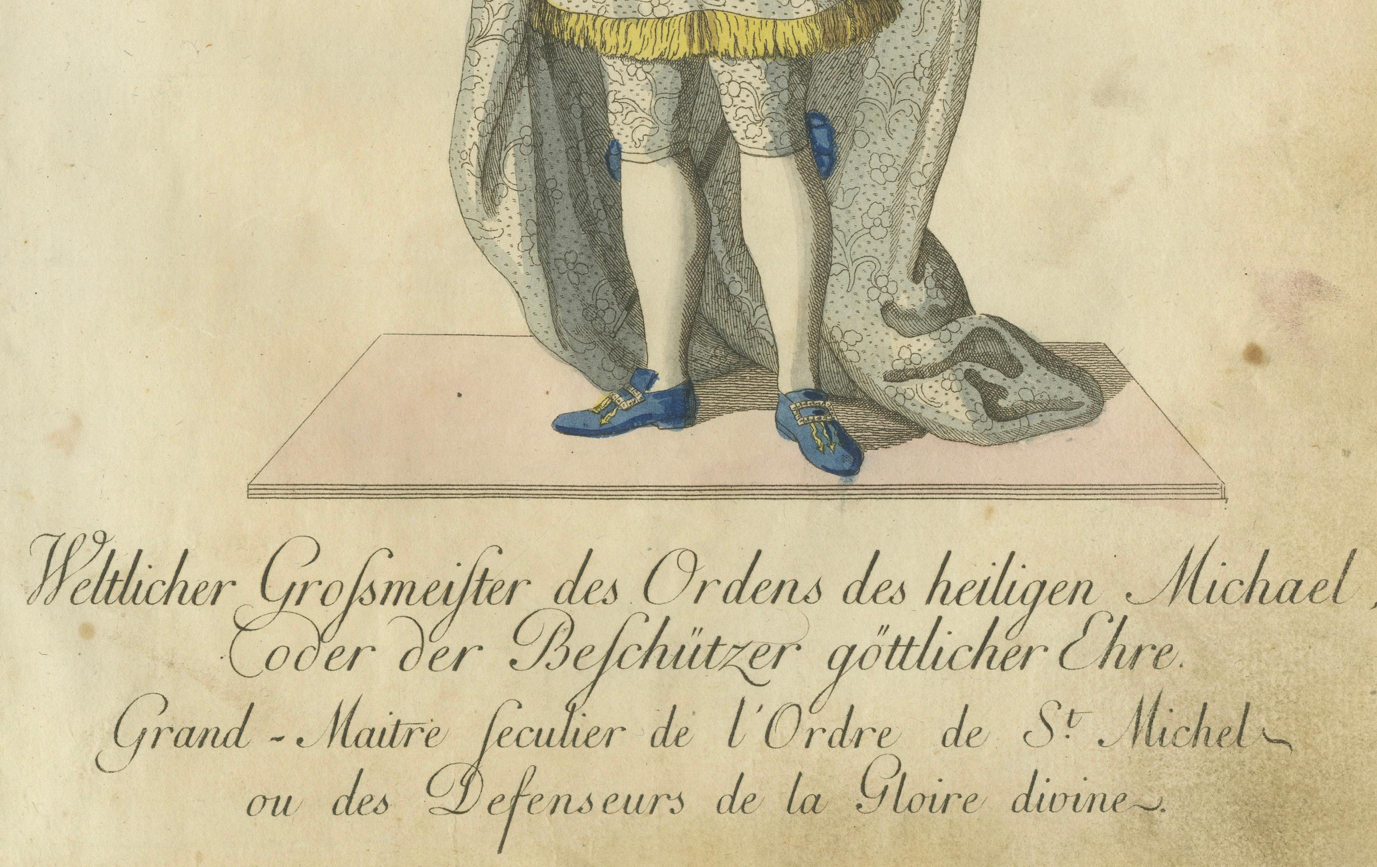Grand Master of the Order of St. Michael in Ceremonial Attire, 18th Century Engraving  

This hand-colored engraving depicts the Grand Master of the Order of St. Michael, adorned in a richly detailed ceremonial outfit. The figure exudes nobility and