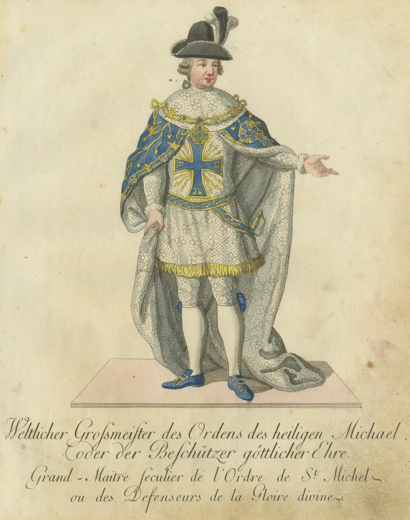 Grand Master of the Order of St. Michael in Ceremonial Attire, 1791 Engraving In Good Condition For Sale In Langweer, NL