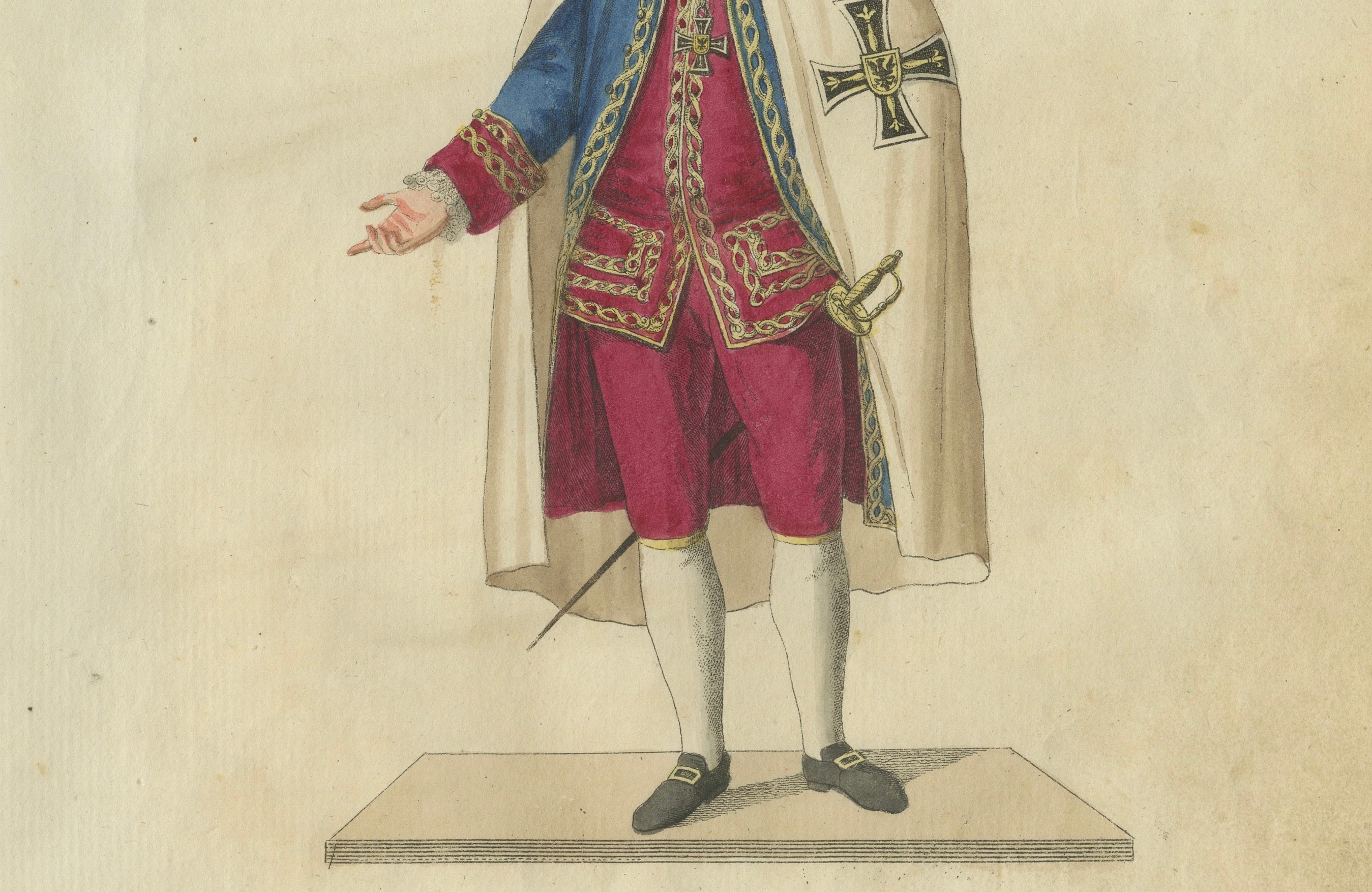 Grand Master of the Teutonic Order: 1791 Hand-Colored Engraving in Ceremonial Robes  

This exquisite hand-colored engraving, titled 