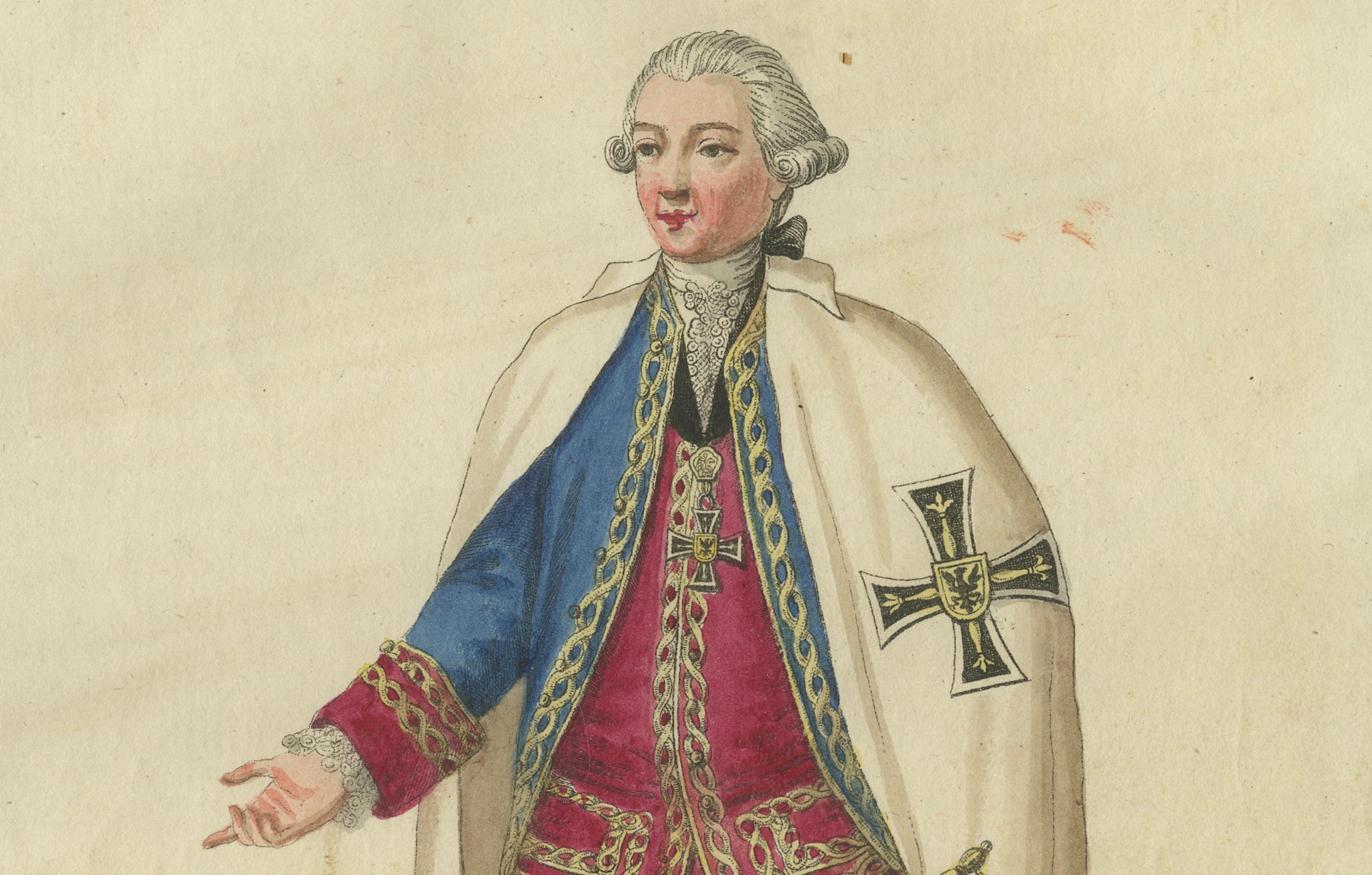 Late 18th Century Grand Master of the Teutonic Order: 1791 Colored Engraving in Ceremonial Robes For Sale