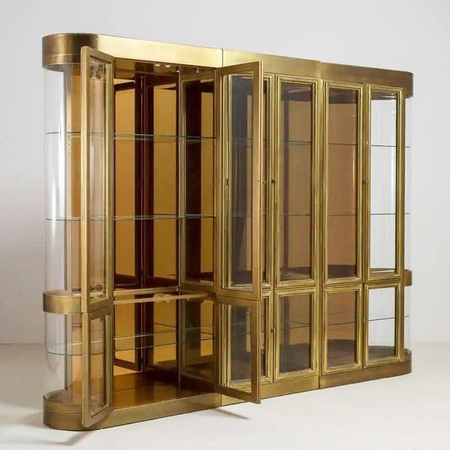 Late 20th Century Grand Mastercraft Designed Three Part Brass & Glass Vitrines or Curio Cabinets For Sale
