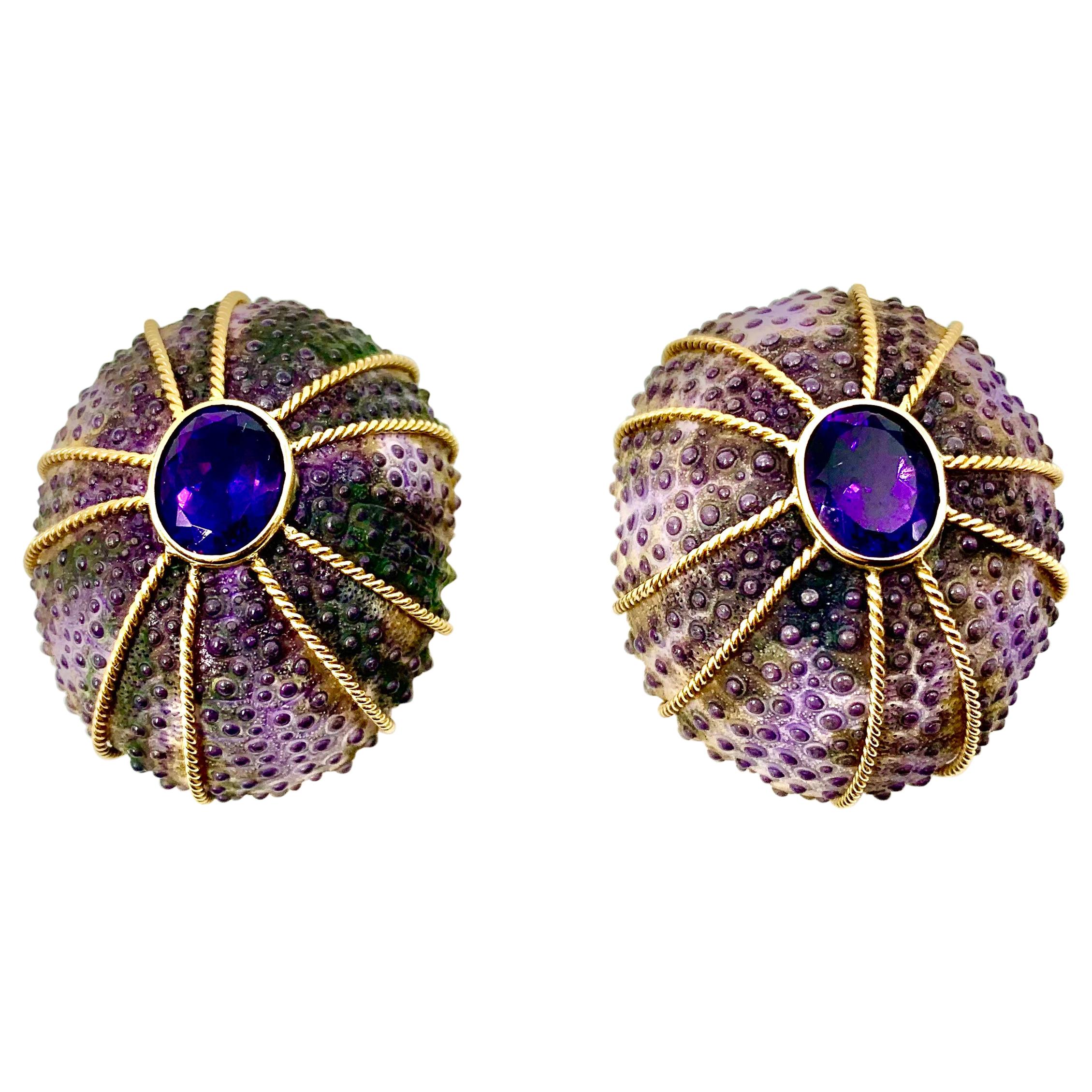 Substantial Sea Urchin Oval Faceted Amethyst 14K Yellow Gold Earrings by Maz