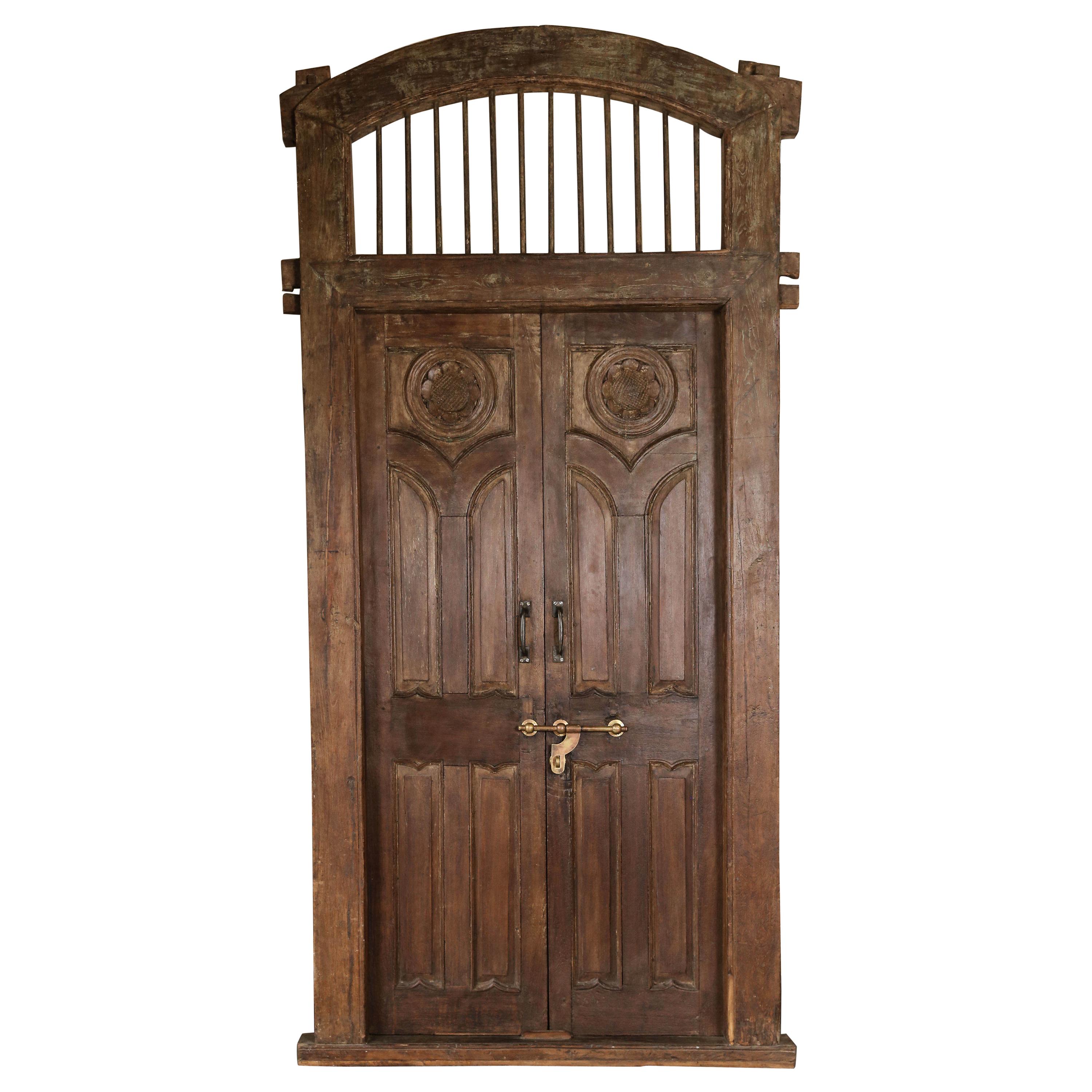 Grand Mid-19th Century Solid Teak Wood Entry Door from a Colonial Mansion For Sale