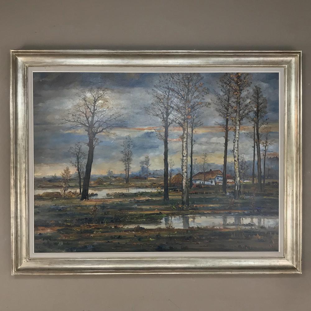 Hand-Painted Grand Midcentury Framed Oil Painting on Canvas by Fr. De Roover