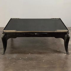 Grand Mid-Century French Black Enamel Coffee Table with Glass Top