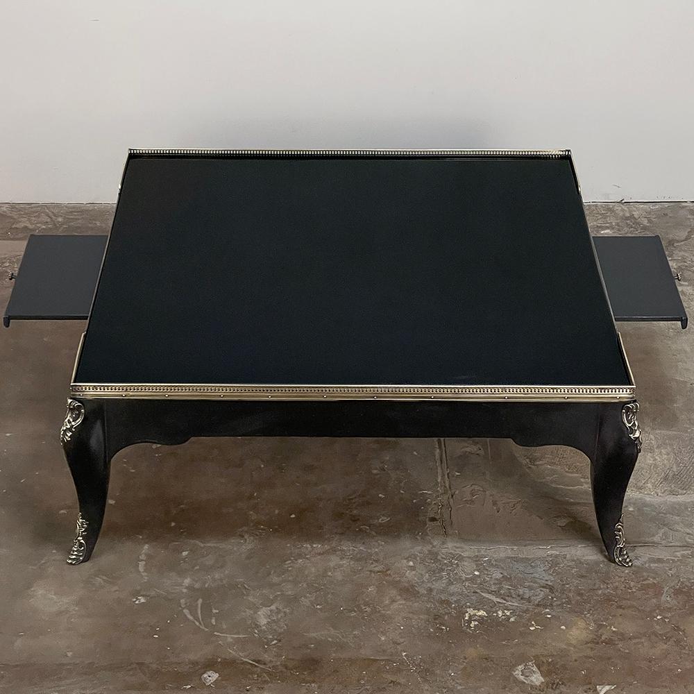 Hand-Crafted Grand Mid-Century French Black Enamel Coffee Table with Glass Top For Sale