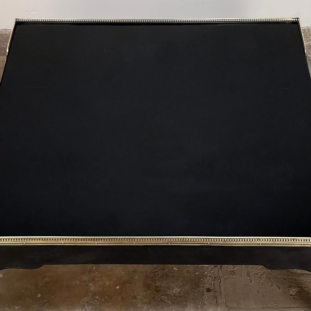 Brass Grand Mid-Century French Black Enamel Coffee Table with Glass Top For Sale