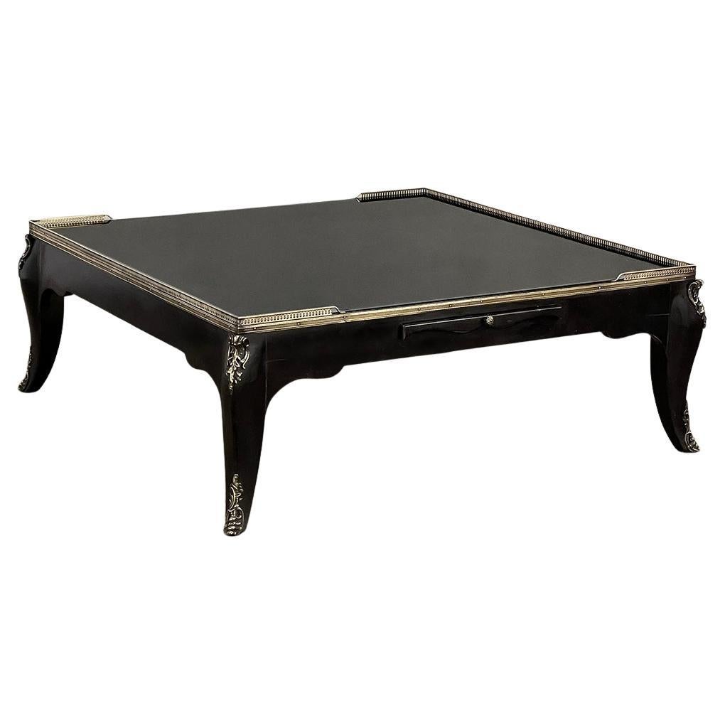 Grand Mid-Century French Black Enamel Coffee Table with Glass Top