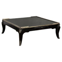 Retro Grand Mid-Century French Black Enamel Coffee Table with Glass Top