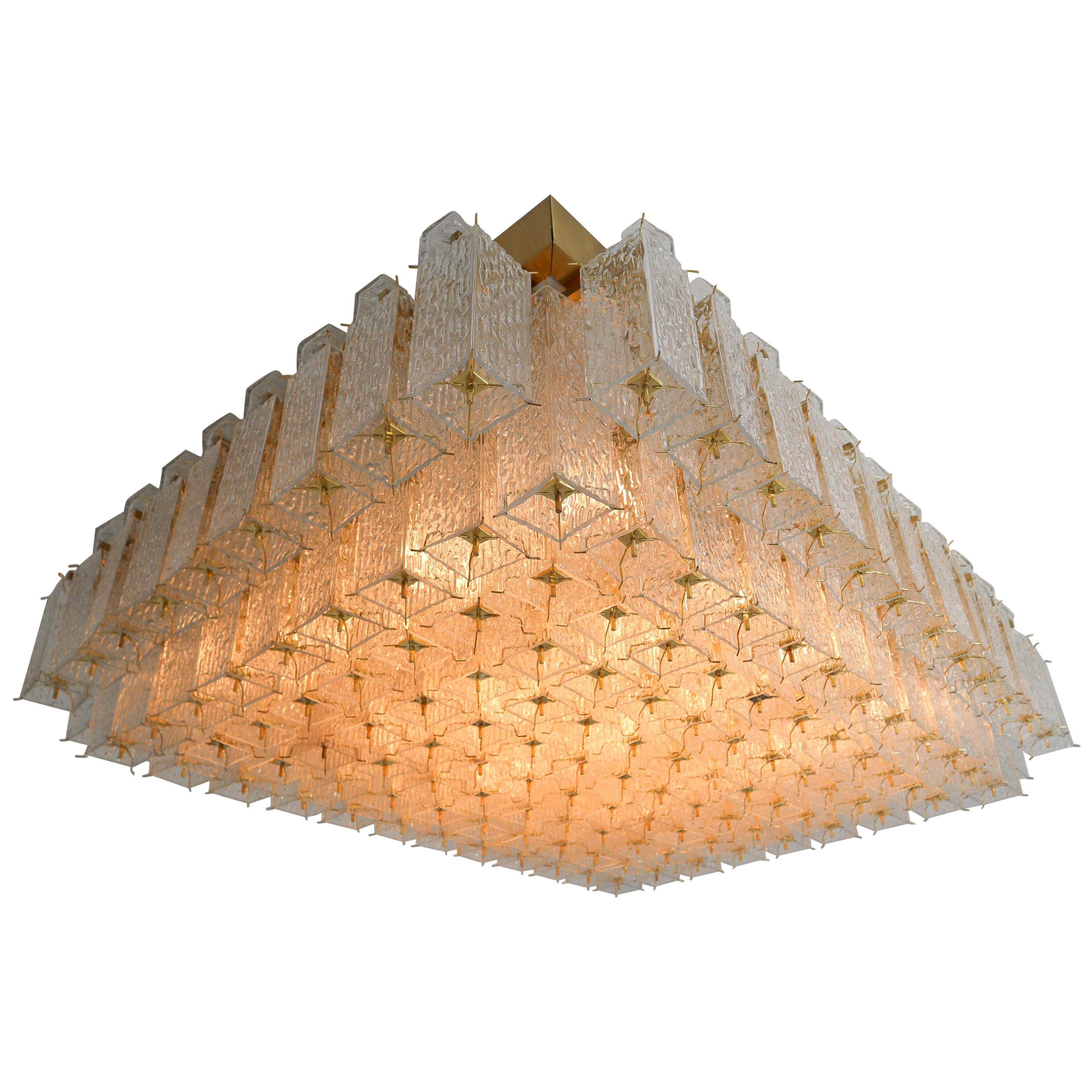Grand Midcentury Flushmount, Chandelier in Structured Glass and Brass, Europe