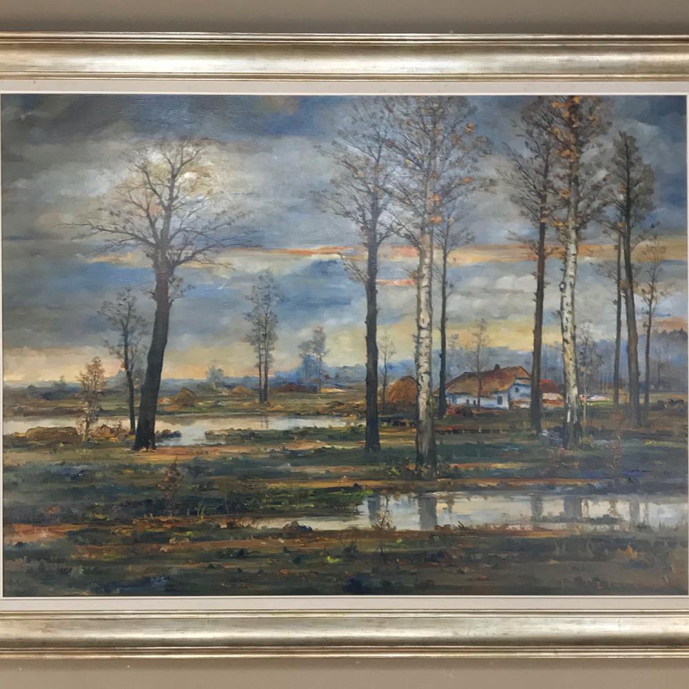 Grand midcentury framed oil painting on canvas by Fr. De Roover is a splendid landscape with impressionistic overtones combined with a pleasing palette of color to represent a tranquil homestead transitioning from fall to winter. Survives in its