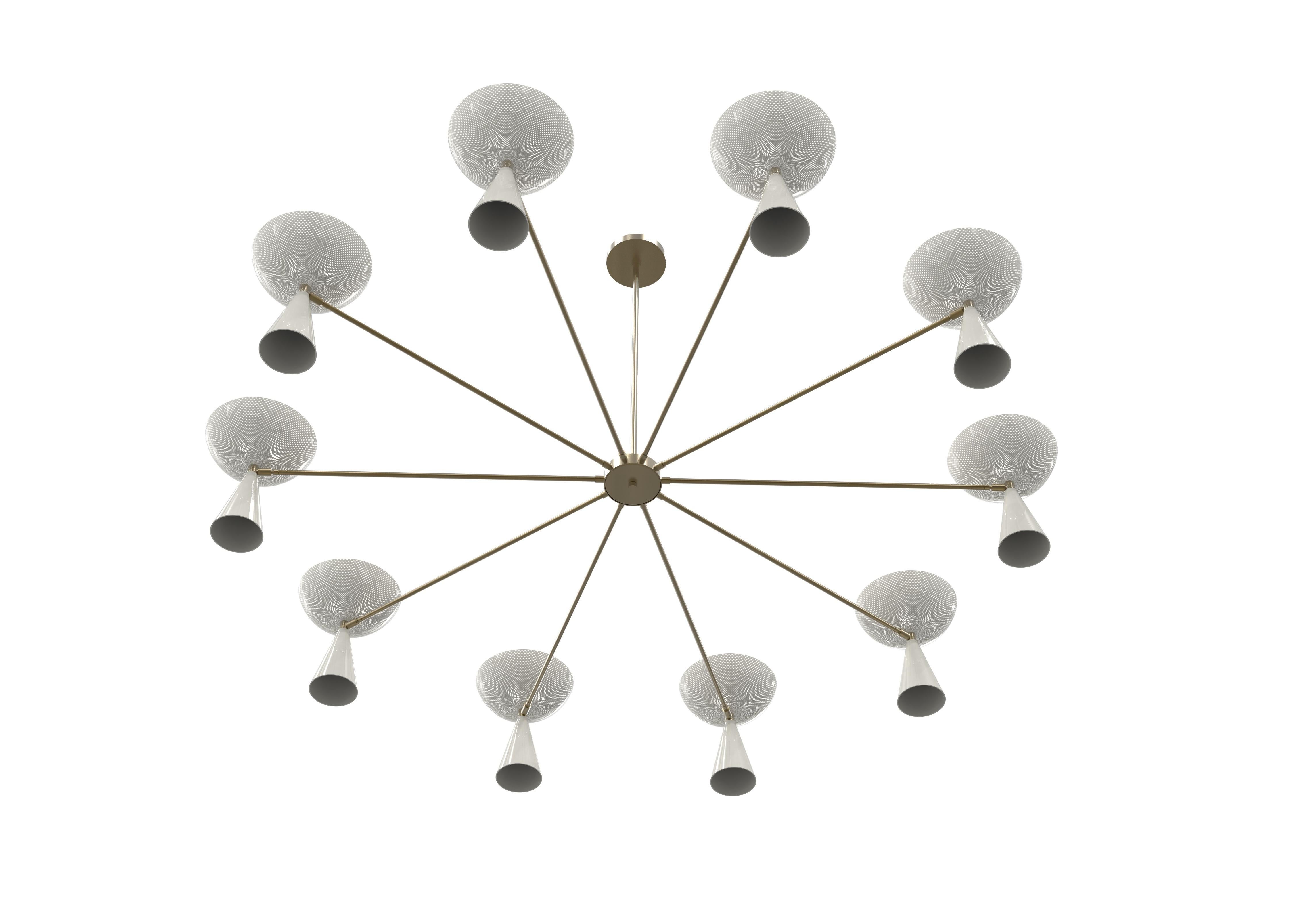 Grand Molto 10-Arm Brass & Enamel Chandelier, French Modern, Blueprint Lighting In New Condition For Sale In New York, NY