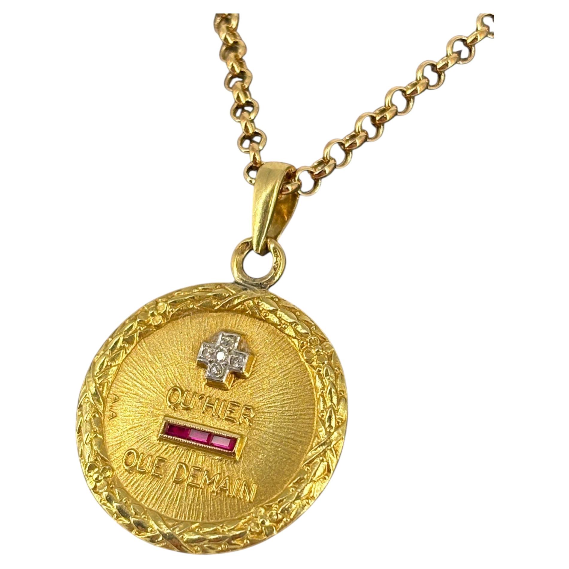 Grand Monumental Augis 18k Gold Love Token Medal Diamonds and Rubies 27mm