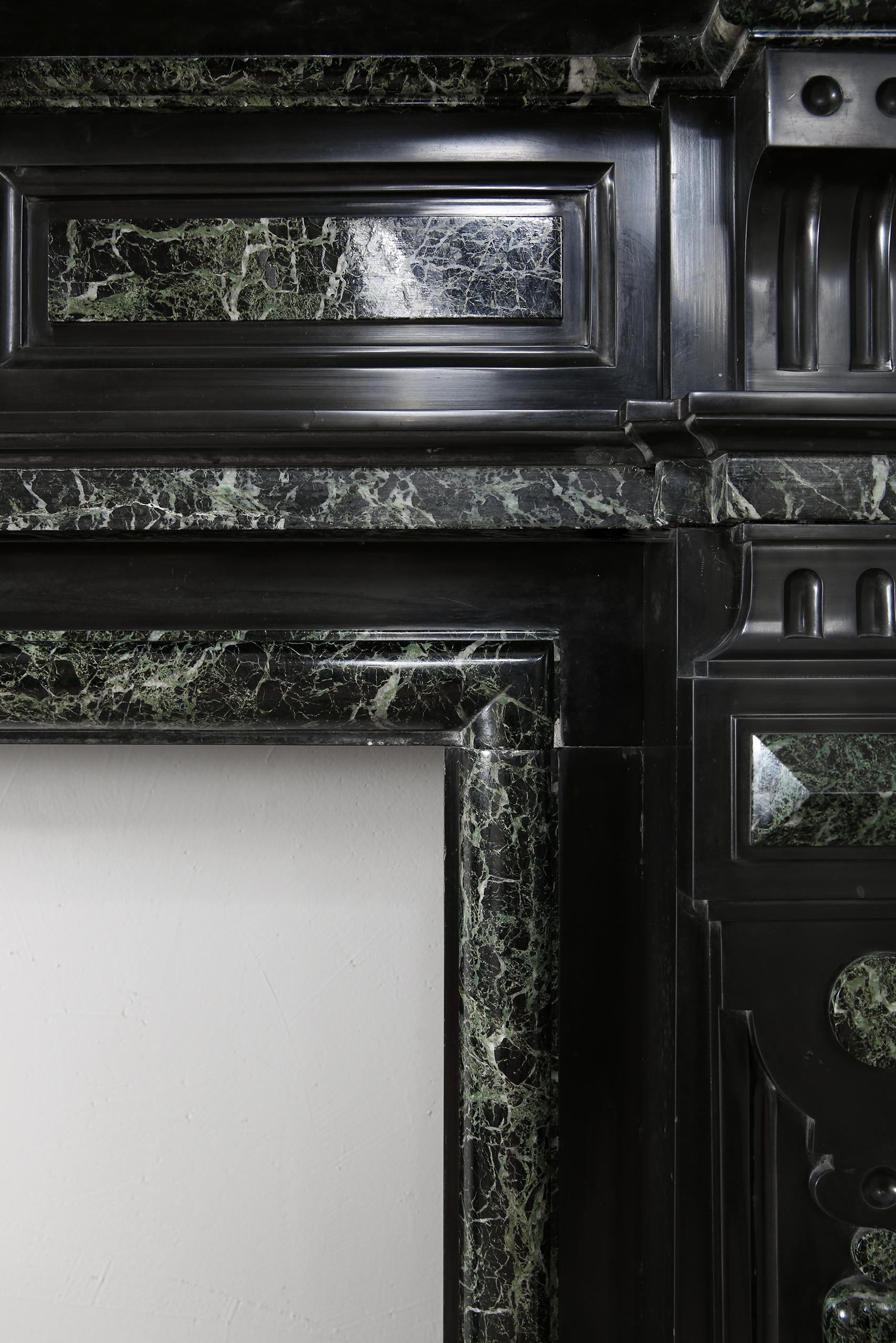 Hand-Carved Grand Neoclassical Black and Green Marble Antique Fireplace Surround For Sale