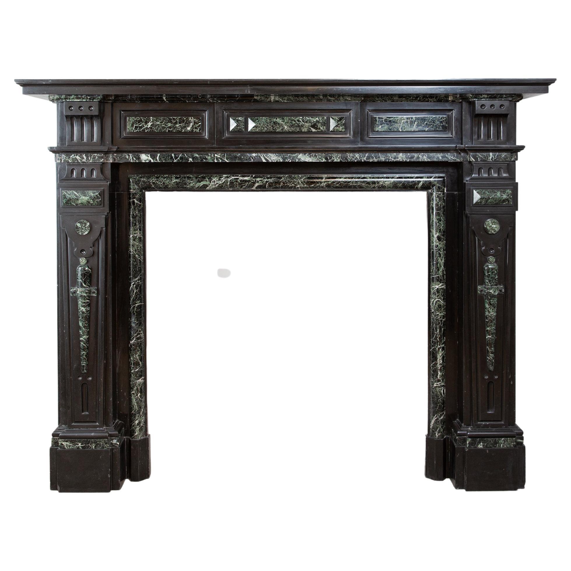 Grand Neoclassical Black and Green Marble Antique Fireplace Surround For Sale