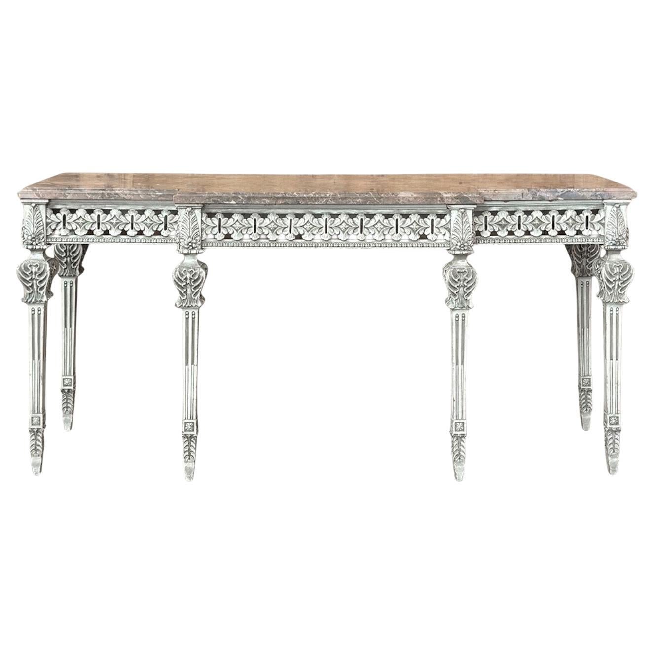 Grand Neoclassical Louis XVI Marble Top Italian Carved and Painted Wood Console For Sale
