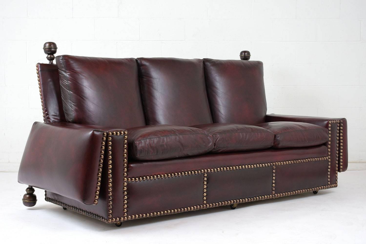 Dyed Grand Neoclassical Style Comfortable Three-Seat Leather Sofa