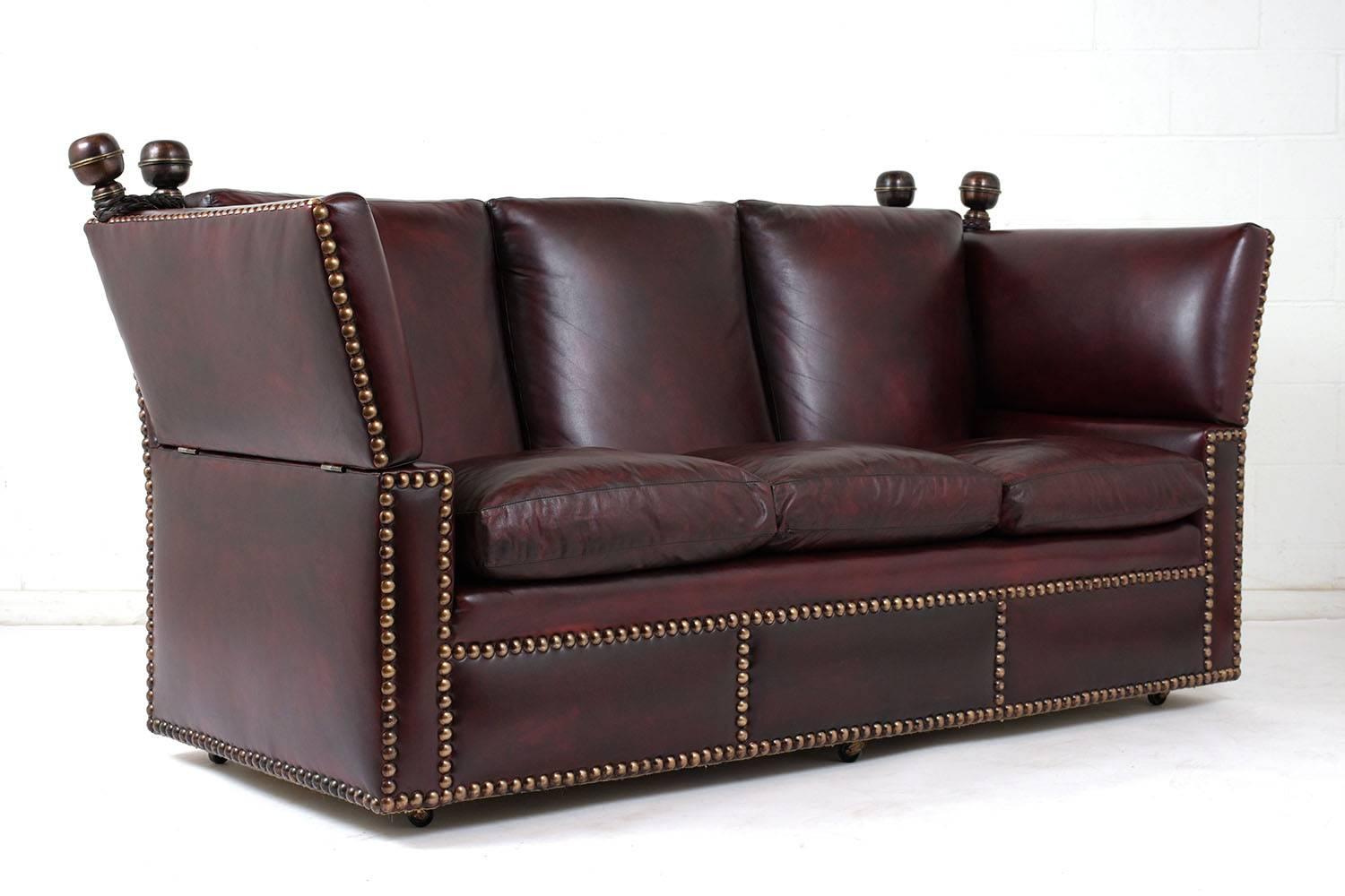 Grand Neoclassical Style Comfortable Three-Seat Leather Sofa In Good Condition In Los Angeles, CA