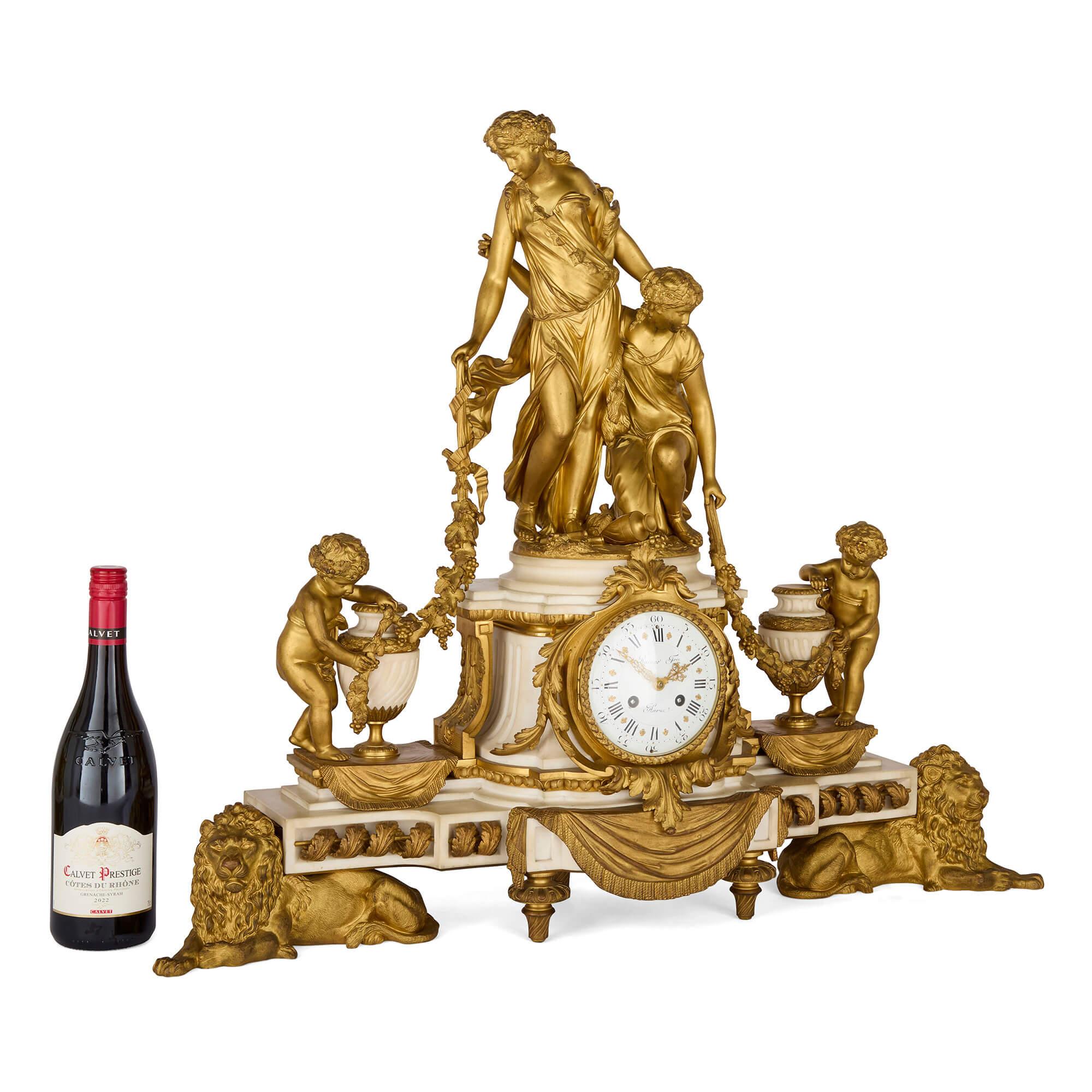 Grand Ormolu and Marble Clock Set by Raingo Frères and Salmson For Sale 4