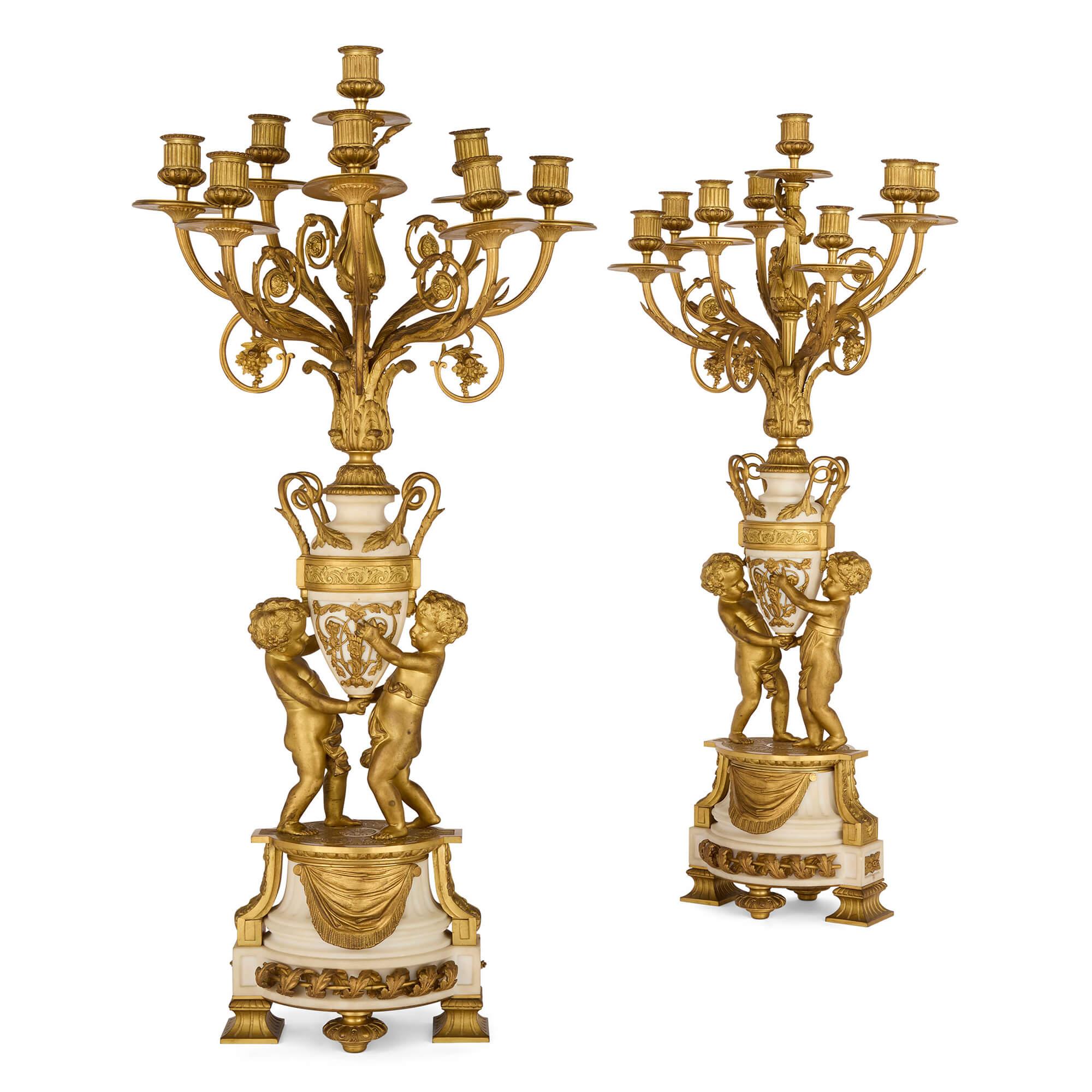 Neoclassical Grand Ormolu and Marble Clock Set by Raingo Frères and Salmson For Sale