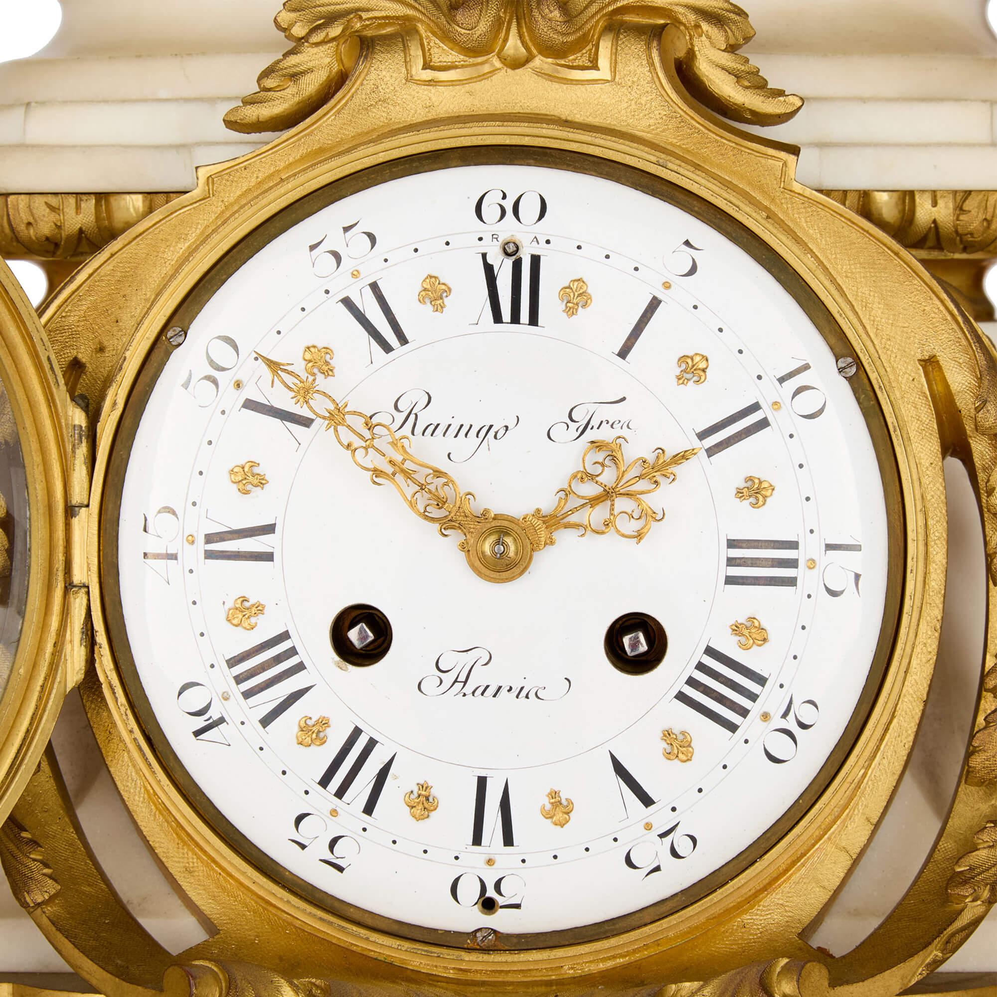 French Grand Ormolu and Marble Clock Set by Raingo Frères and Salmson For Sale