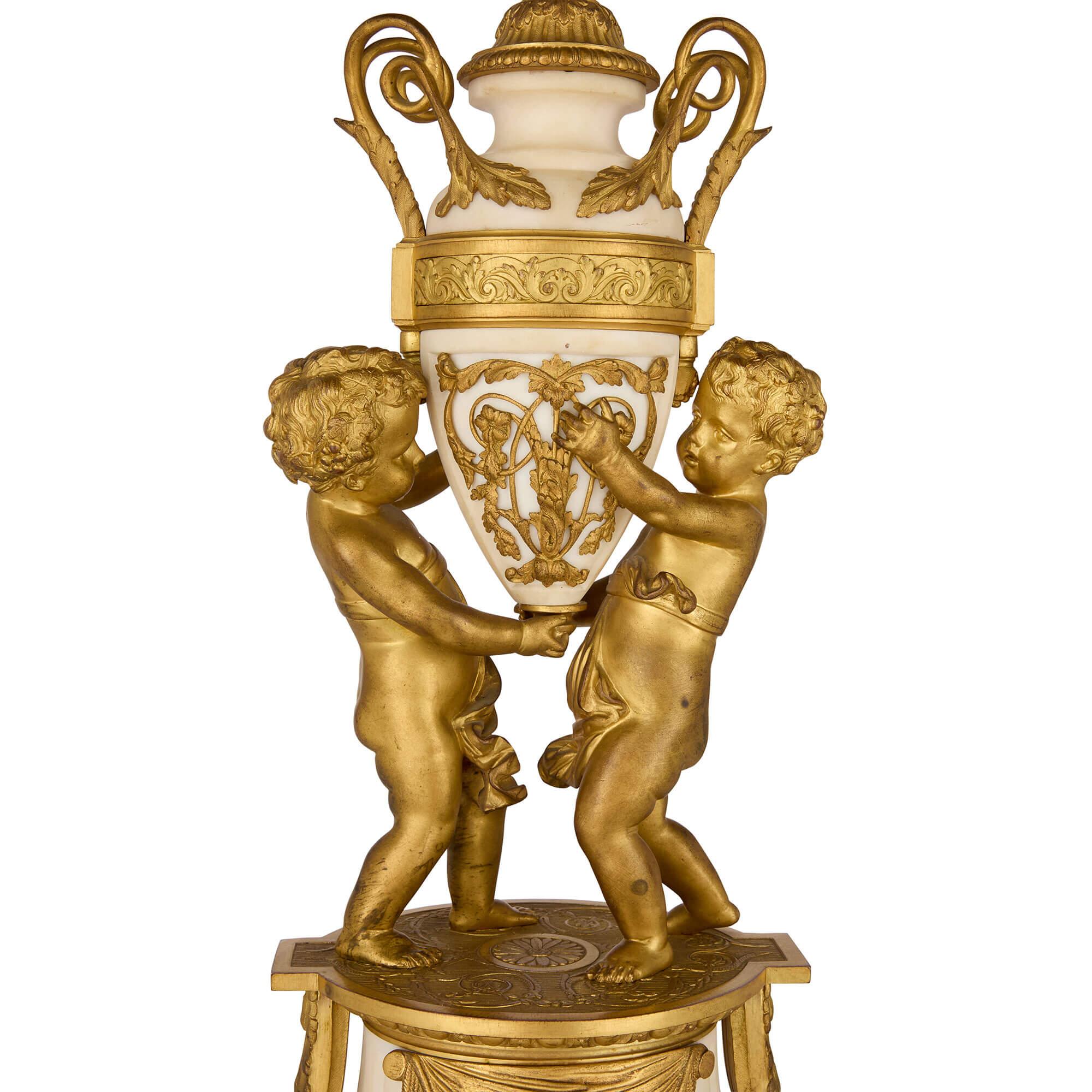 Grand Ormolu and Marble Clock Set by Raingo Frères and Salmson In Good Condition For Sale In London, GB