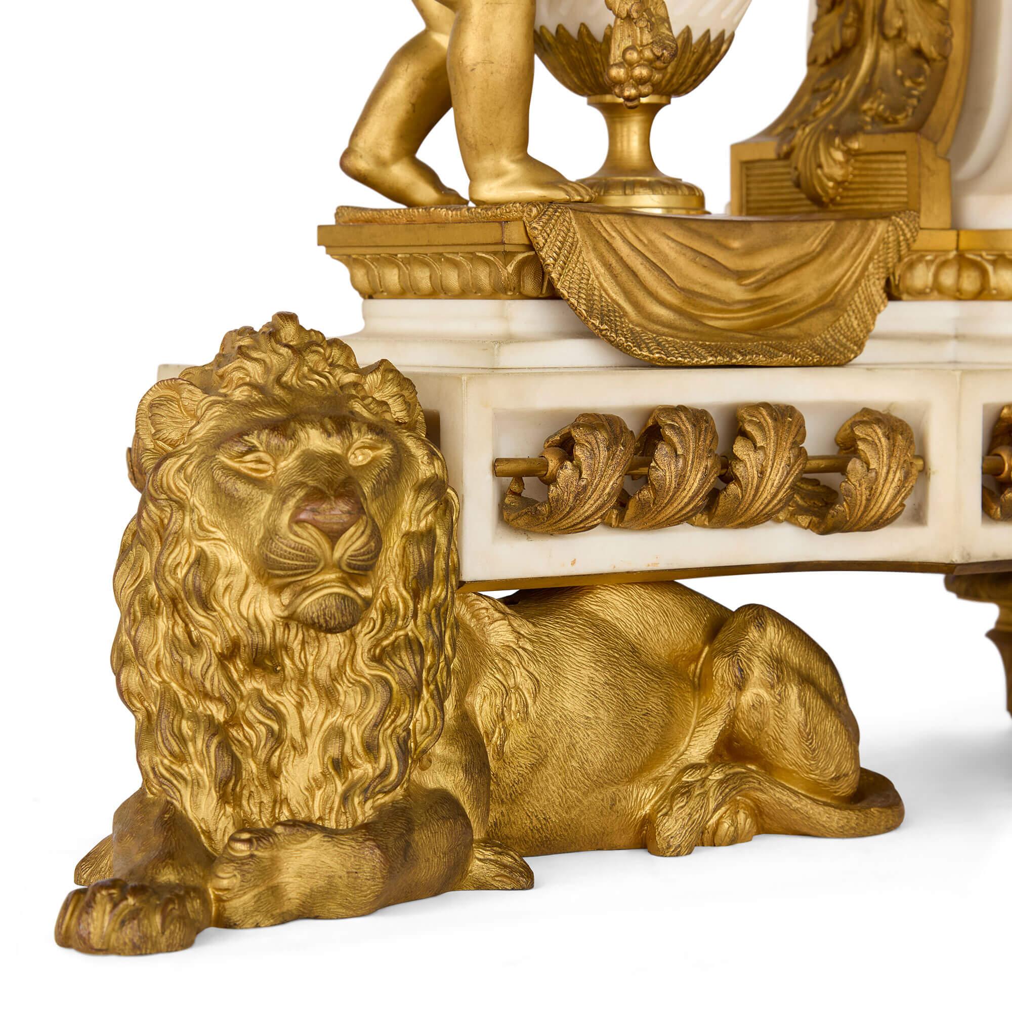Grand Ormolu and Marble Clock Set by Raingo Frères and Salmson For Sale 1