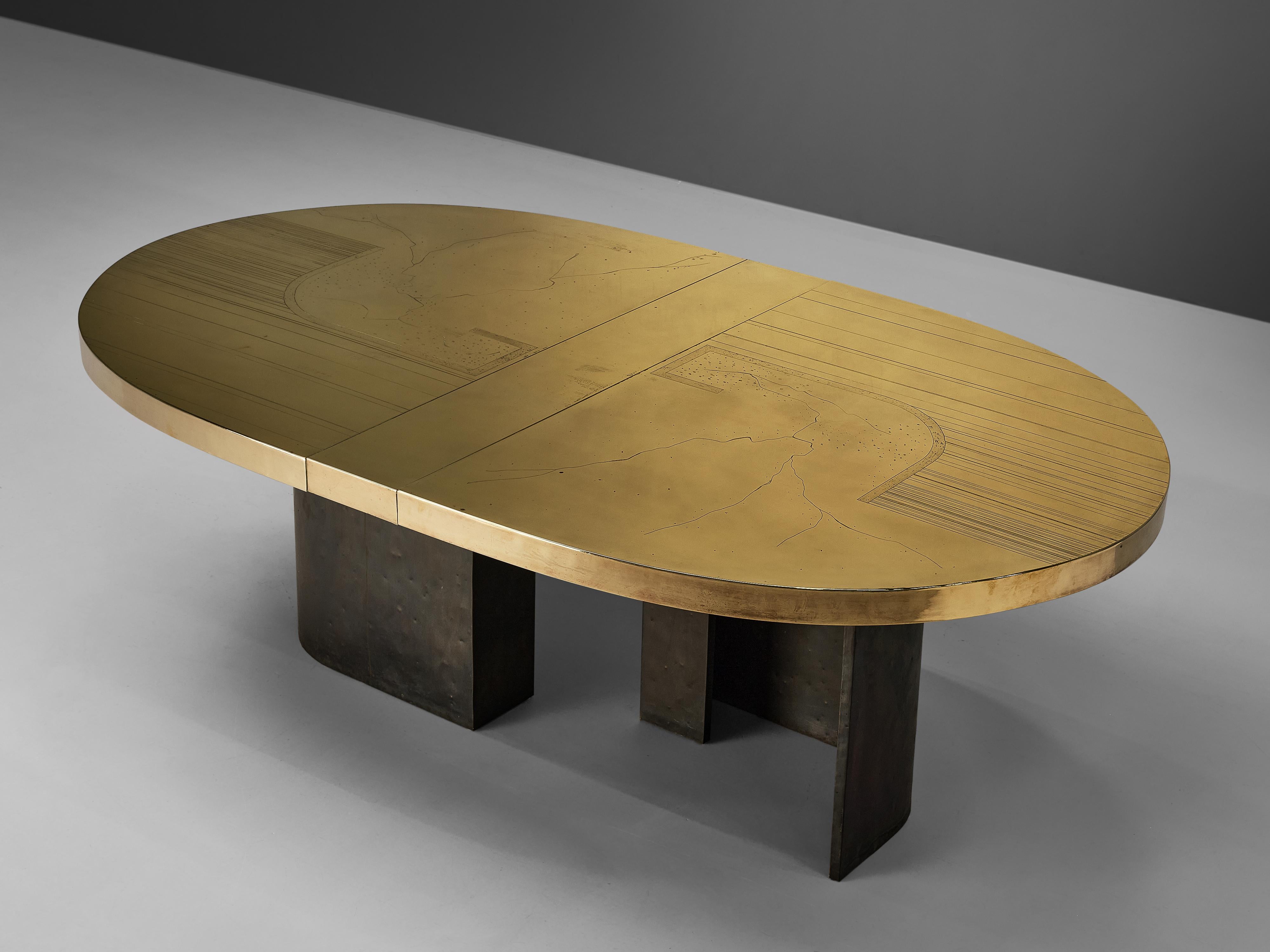 Belgian Grand Oval Dining Table with Etched Brass Top and Sculptural Metal Base
