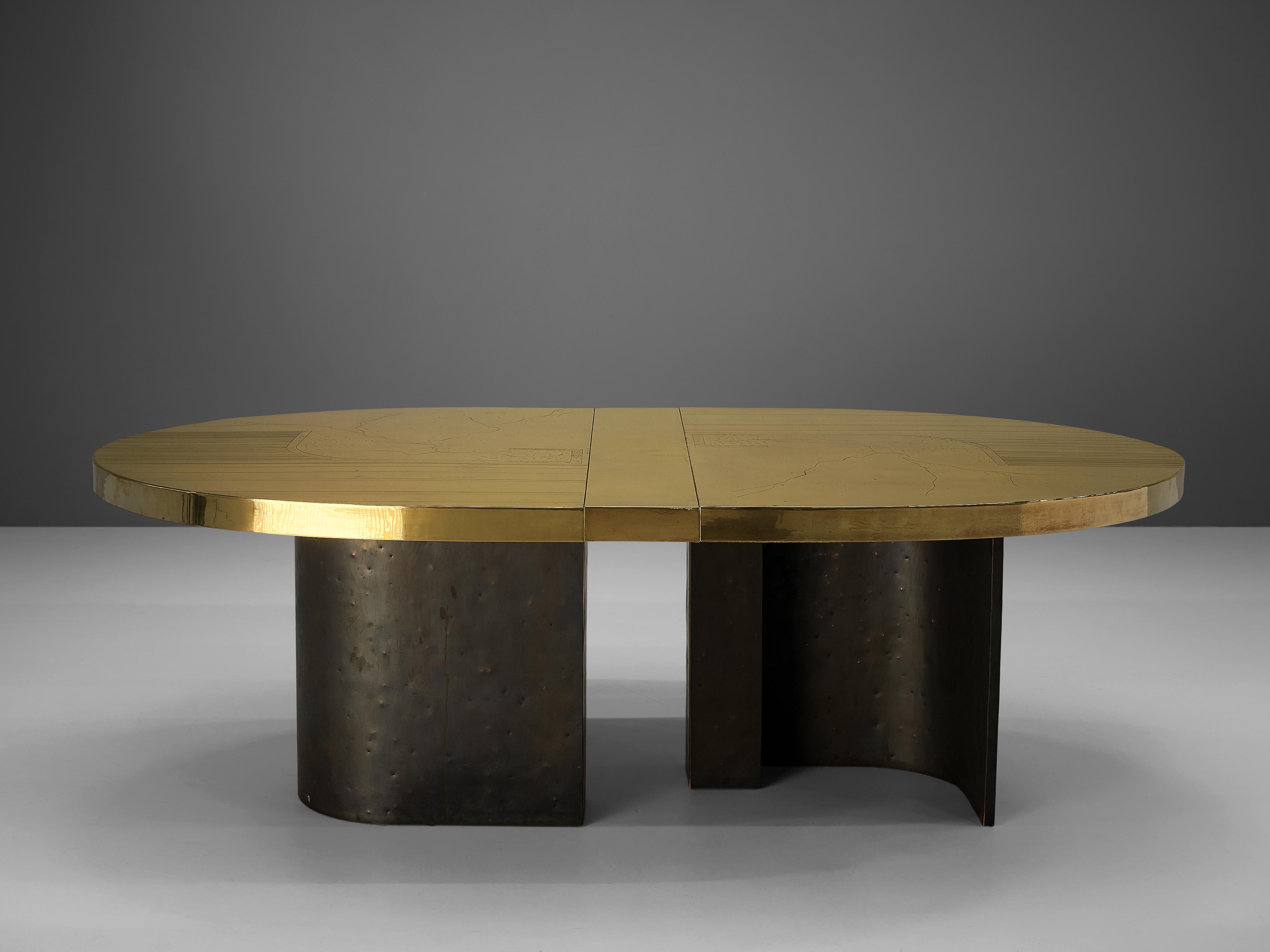 Late 20th Century Grand Oval Dining Table with Etched Brass Top and Sculptural Metal Base