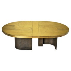 Grand Oval Dining Table with Etched Brass Top and Sculptural Metal Base