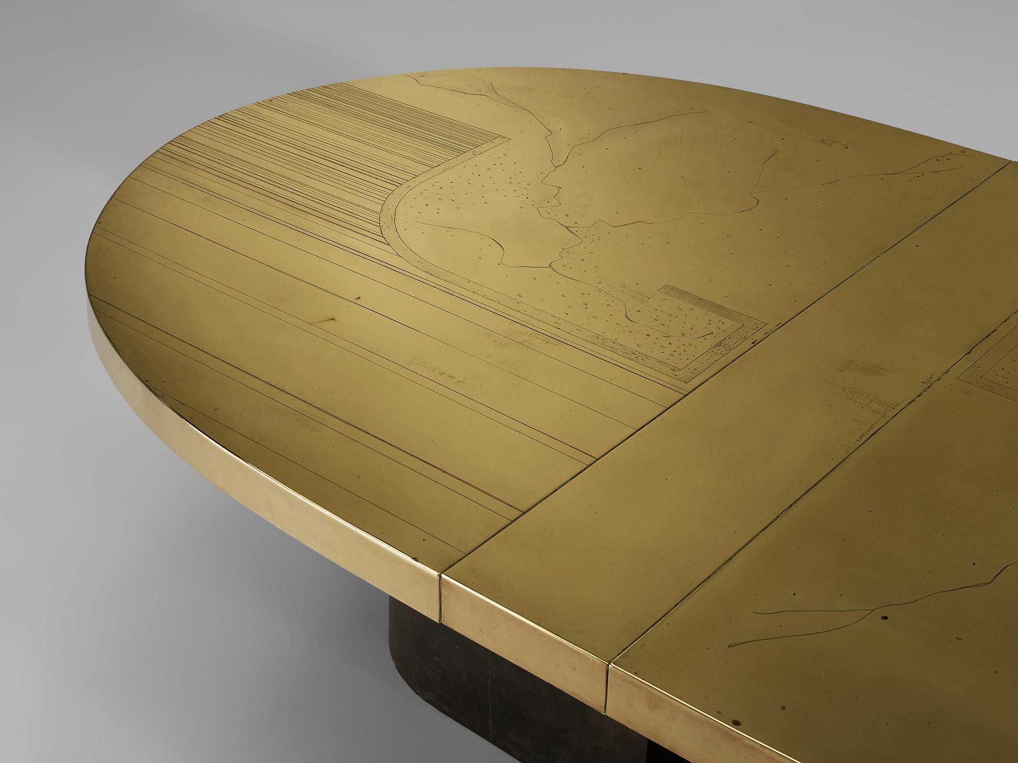 Belgian Grand Oval Dining Table with Etched Brass Top and Sculptural Metal Base