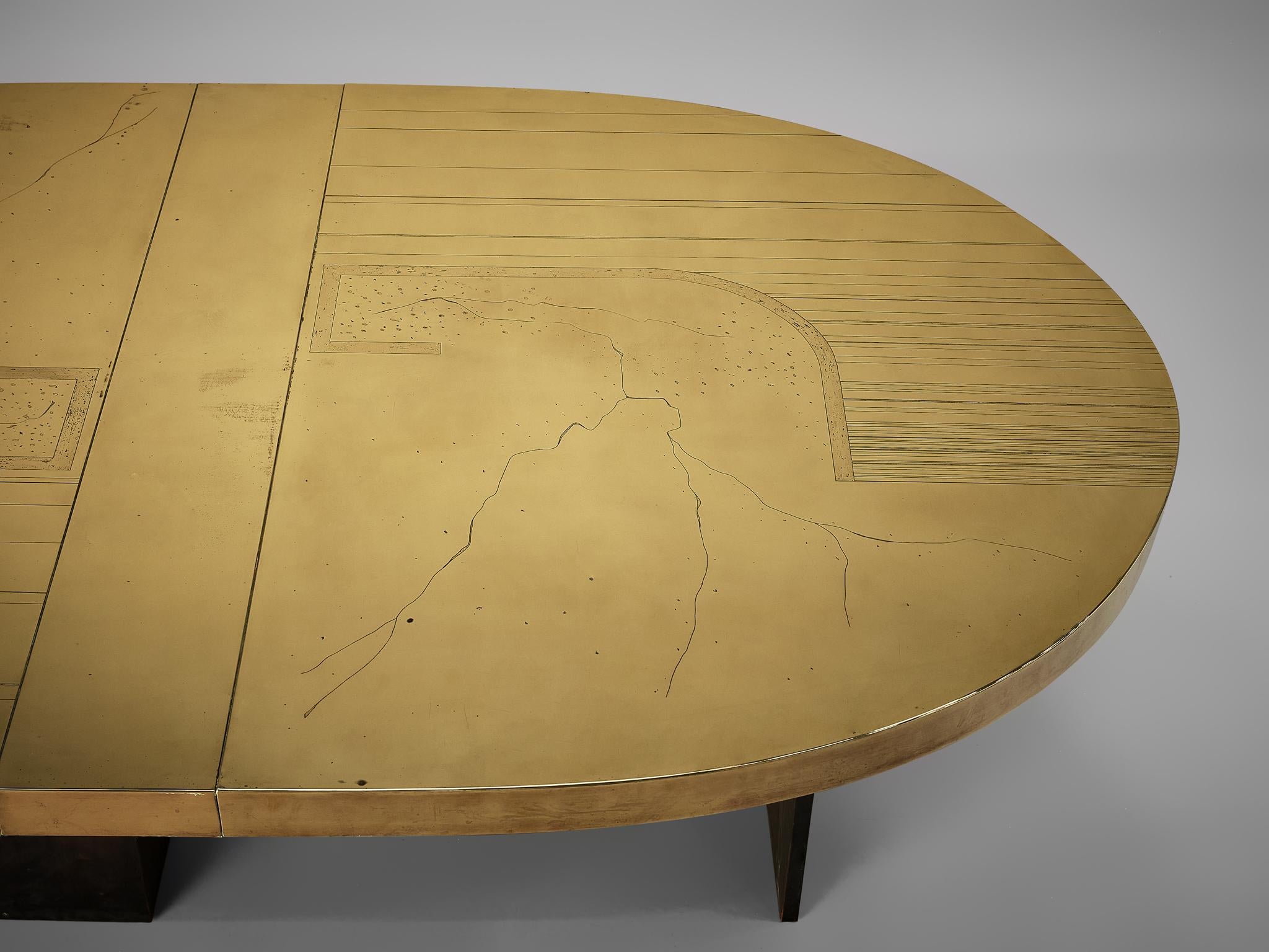 Late 20th Century Grand Oval Dining Table with Etched Brass Top and Sculptural Metal Base