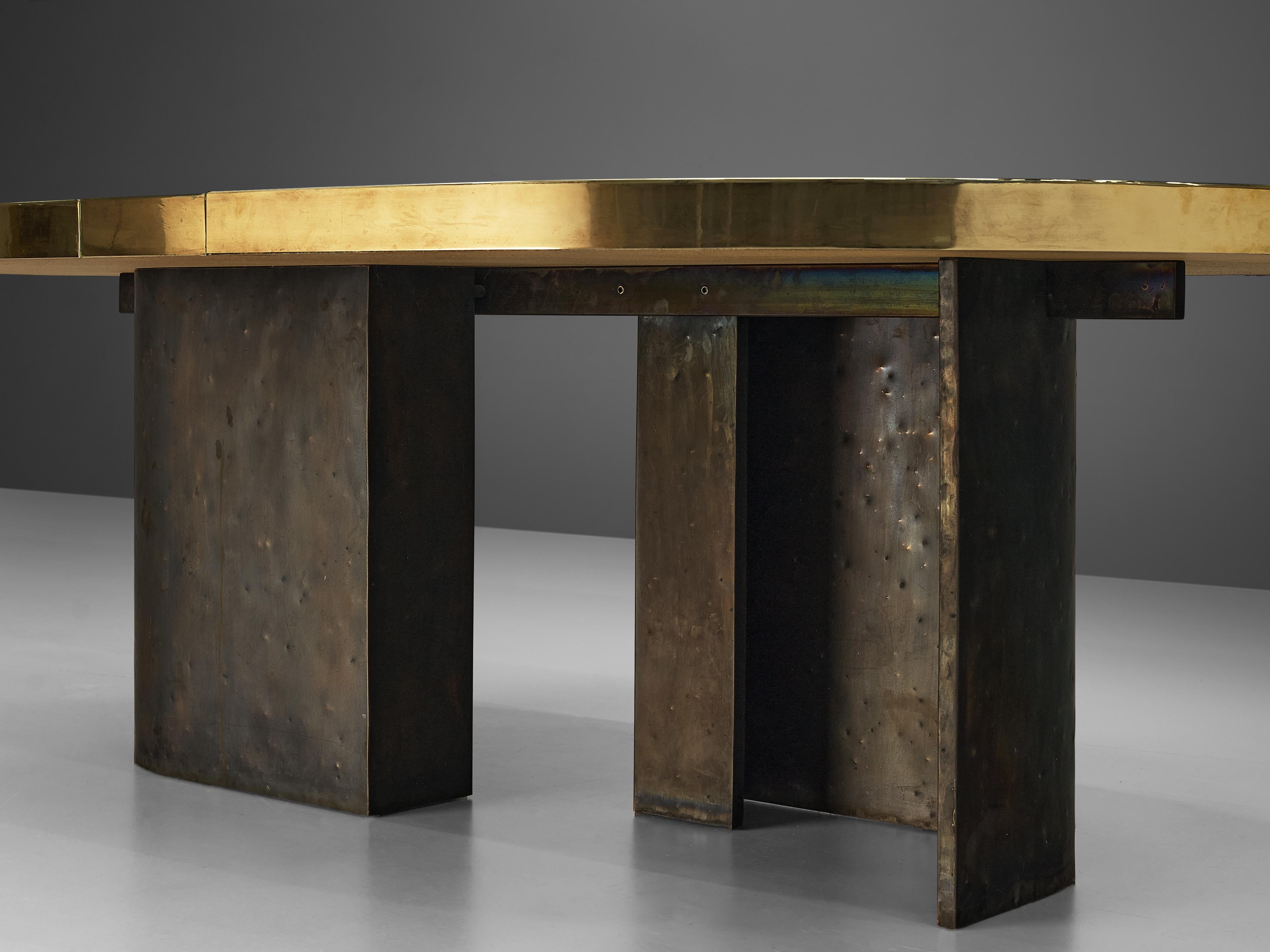 Grand Oval Dining Table with Etched Brass Top and Sculptural Metal Base 1
