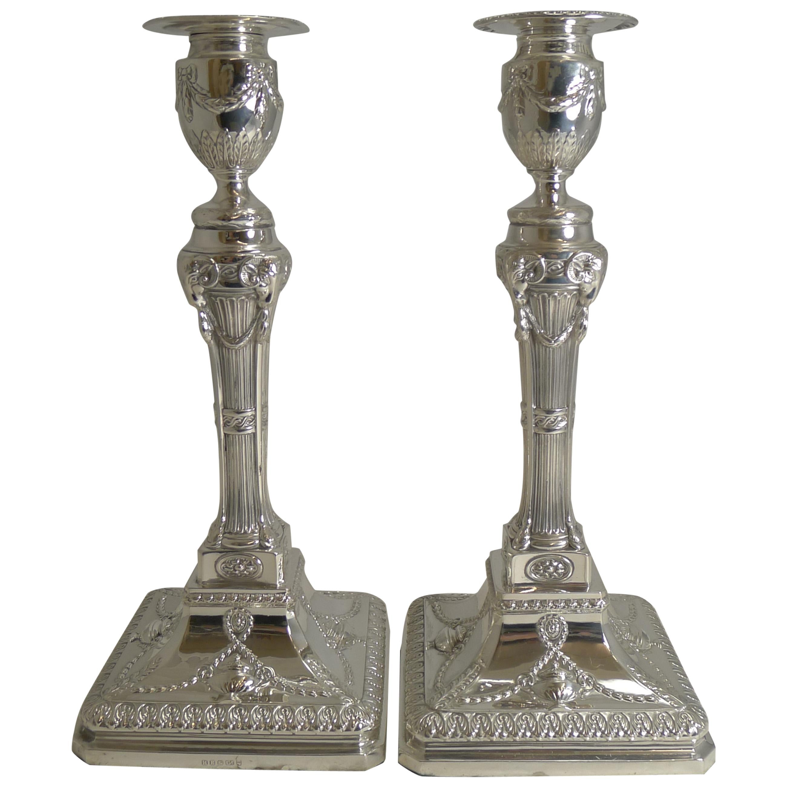 Grand Pair of English Silver Plated Adams Style Candlesticks, Ram
s Heads