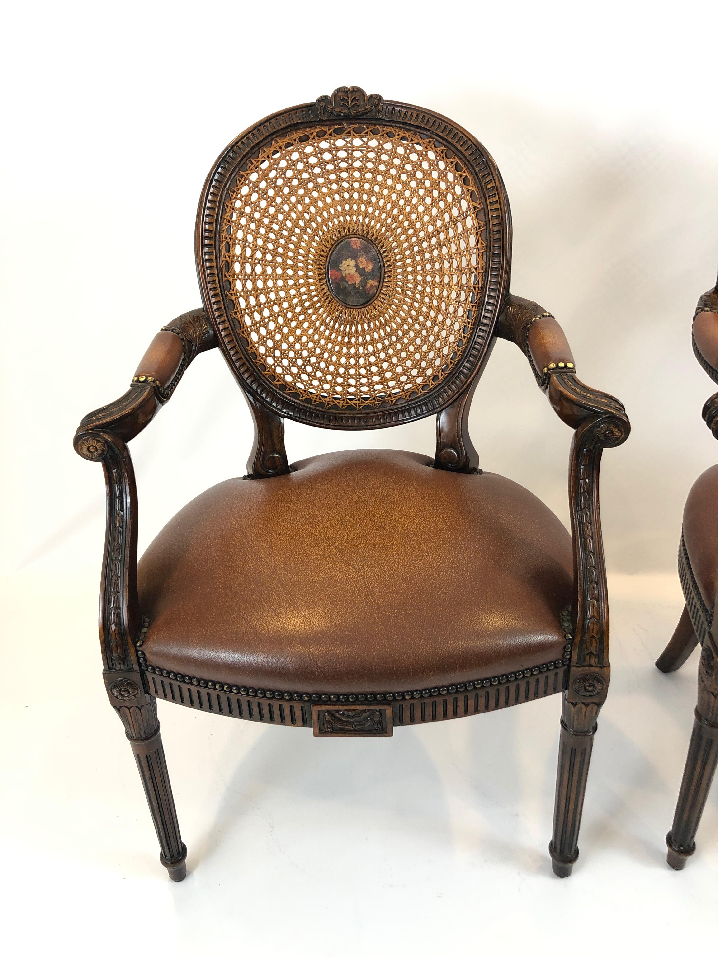 American Theodore Alexander Grand Pair of Caned and Cameo Back Armchairs