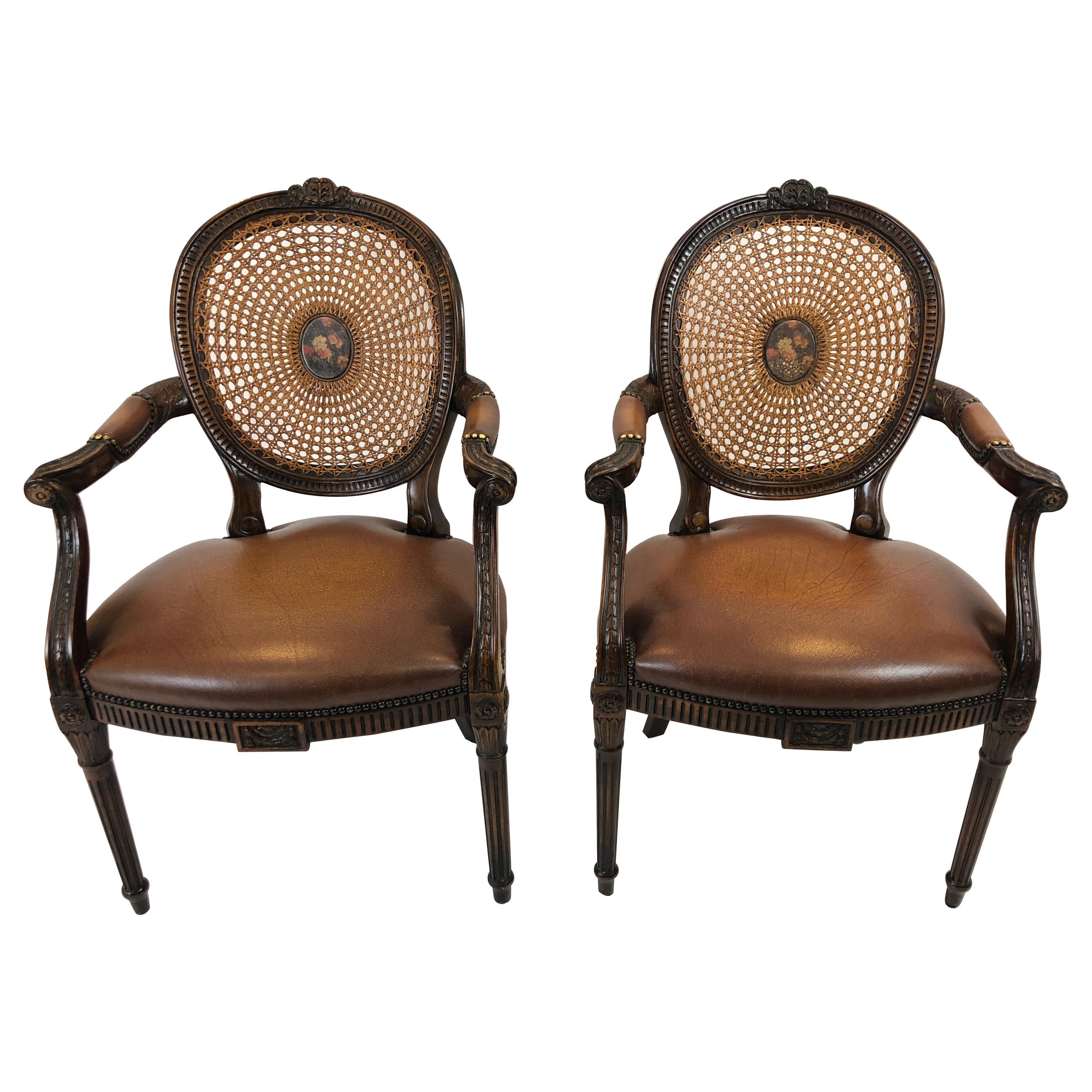 Theodore Alexander Grand Pair of Caned and Cameo Back Armchairs