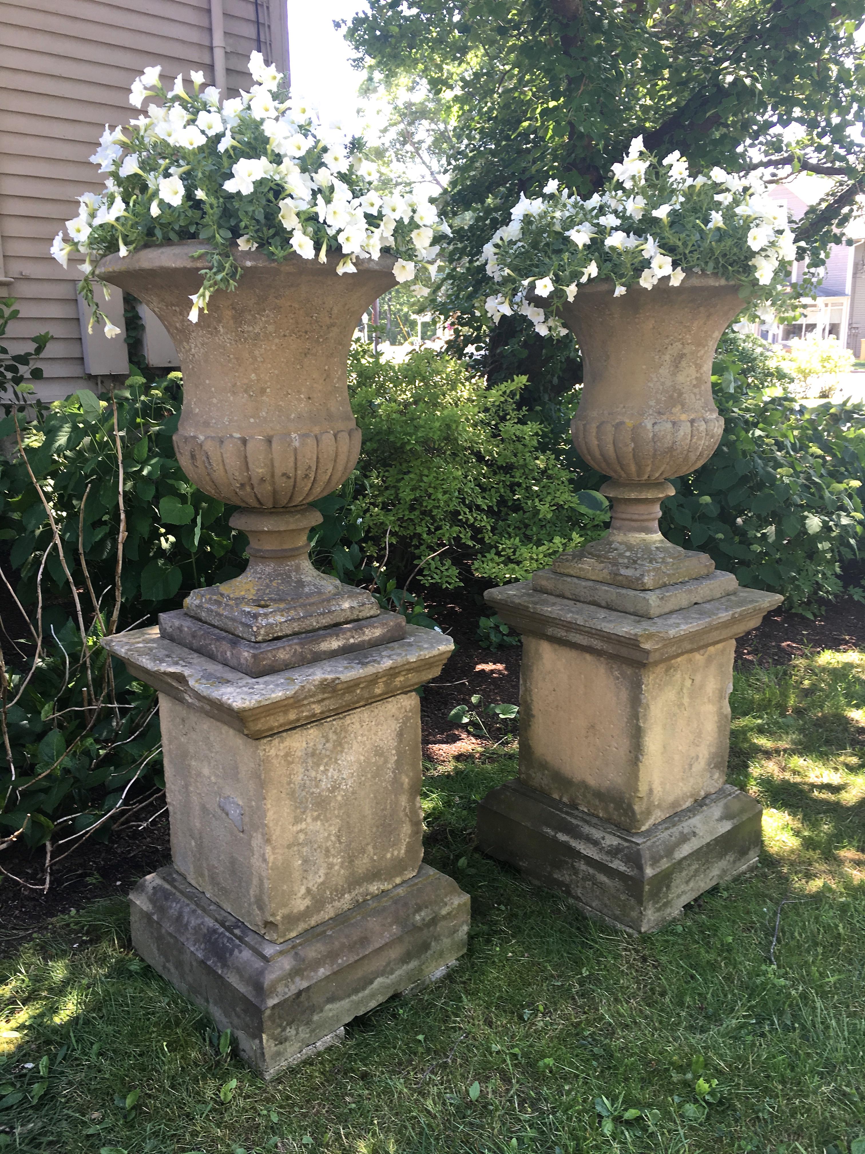 Hand-Carved Grand Pair of 18th C Carved Yorkstone Urns Owned by the Duke of Marlborough For Sale