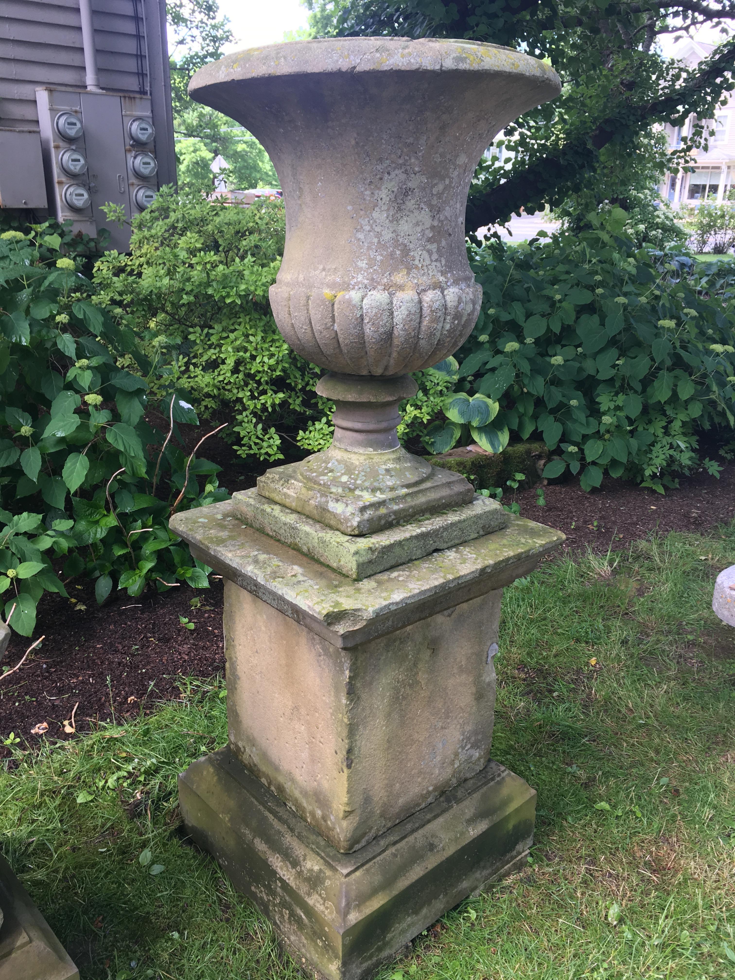 Grand Pair of 18th C Carved Yorkstone Urns Owned by the Duke of Marlborough In Good Condition For Sale In Woodbury, CT