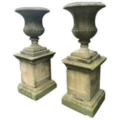 Grand Pair of 18th C Carved Yorkstone Urns Owned by the Duke of Marlborough