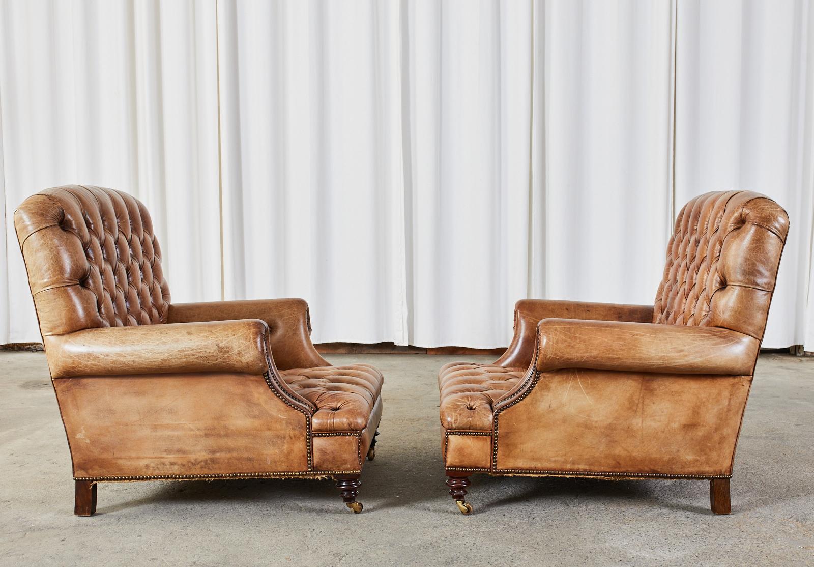 Chesterfield Grand Pair of English Georgian Style Cigar Leather Library Chairs