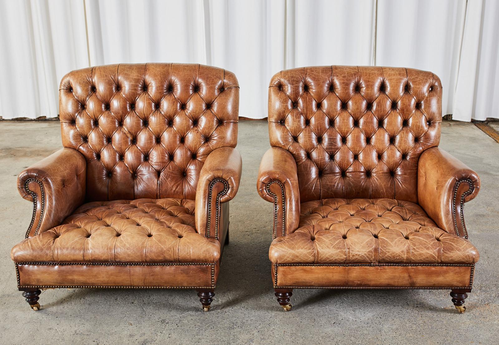 Patinated Grand Pair of English Georgian Style Cigar Leather Library Chairs
