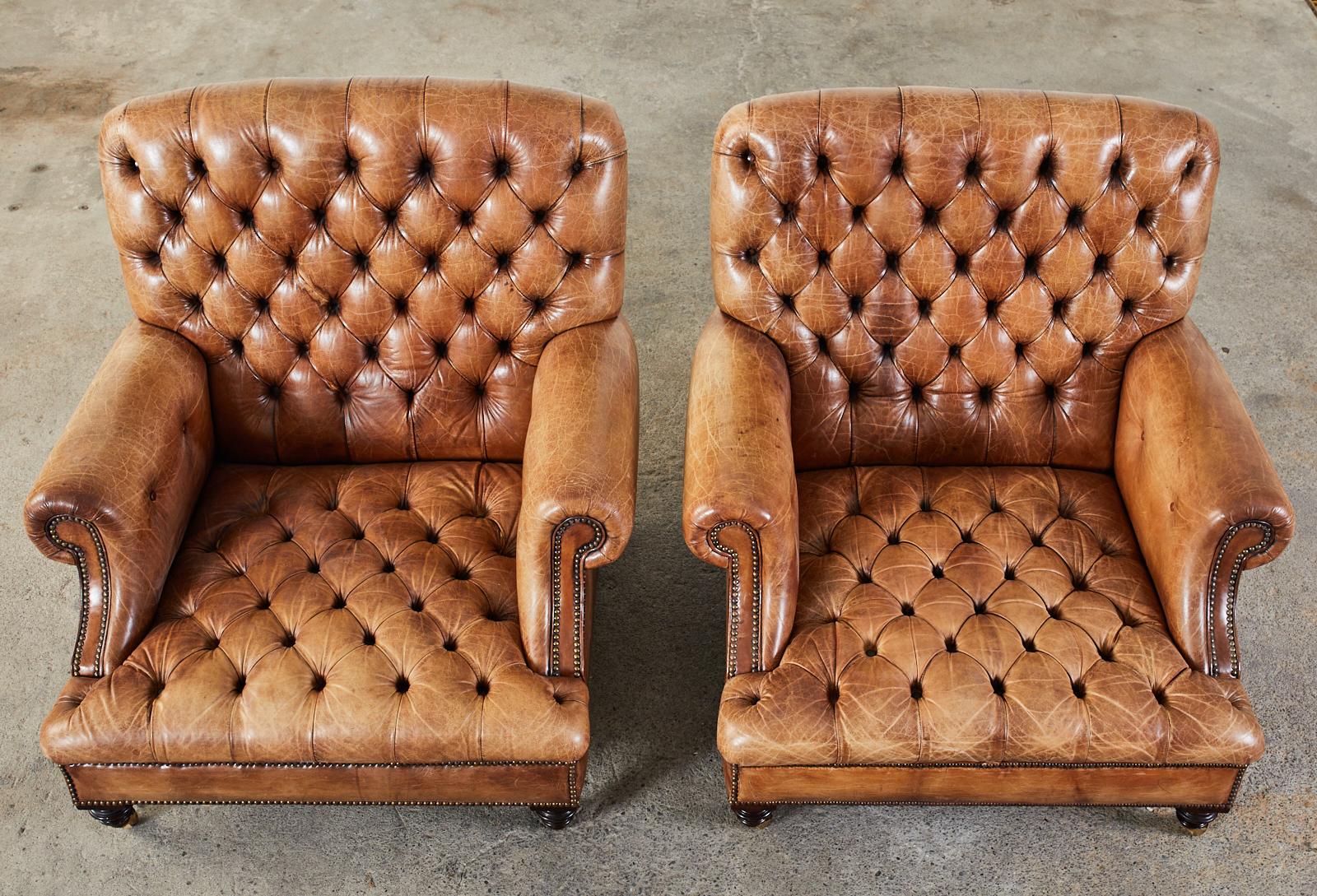 Grand Pair of English Georgian Style Cigar Leather Library Chairs In Distressed Condition In Rio Vista, CA
